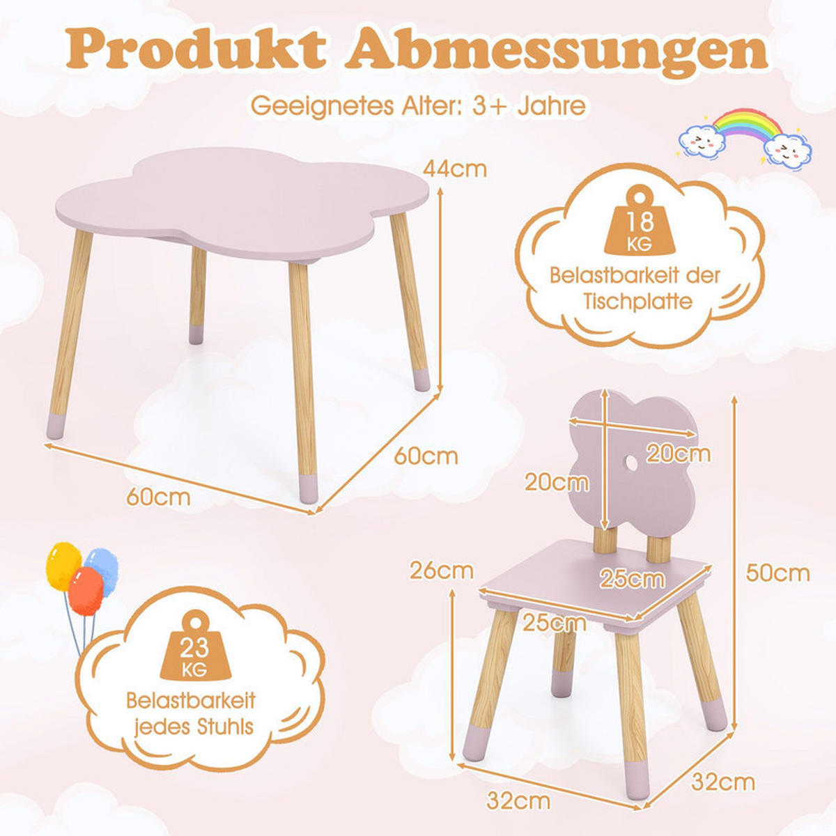 KINDERTISCH mit stuhl rosa(3-tlg) - Pink, Holzwerkstoff (60/44/60cm) - COSTWAY
