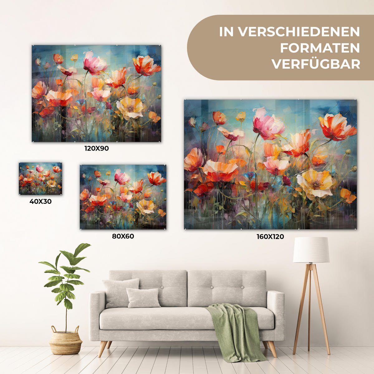 ACRYLGLASBILD Blumen - Aquarell - Kunst - Botanisch - Natur 80x60 cm - Orange, Glas (80/60cm) - MuchoWow
