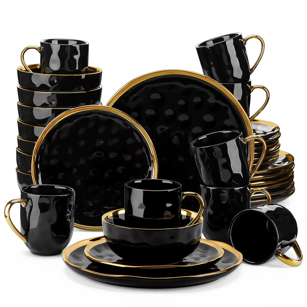 KOMBISERVICE 32-teilig Porzellan Schwarz Goldrand Geschirrset - Schwarz, Keramik (27.5/2.4/27.5cm) - Kaket