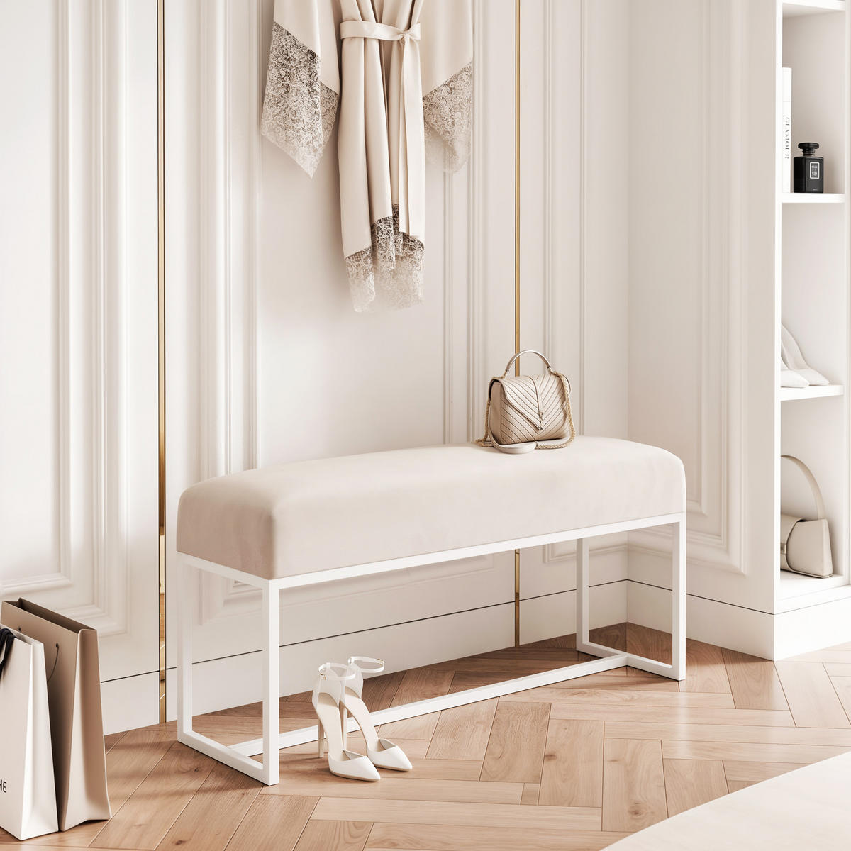 POLSTERBANK MUSE 100 cm Weiß / Creme ,Metallgestell - Creme, Metall (100/47/30cm) - Idohome