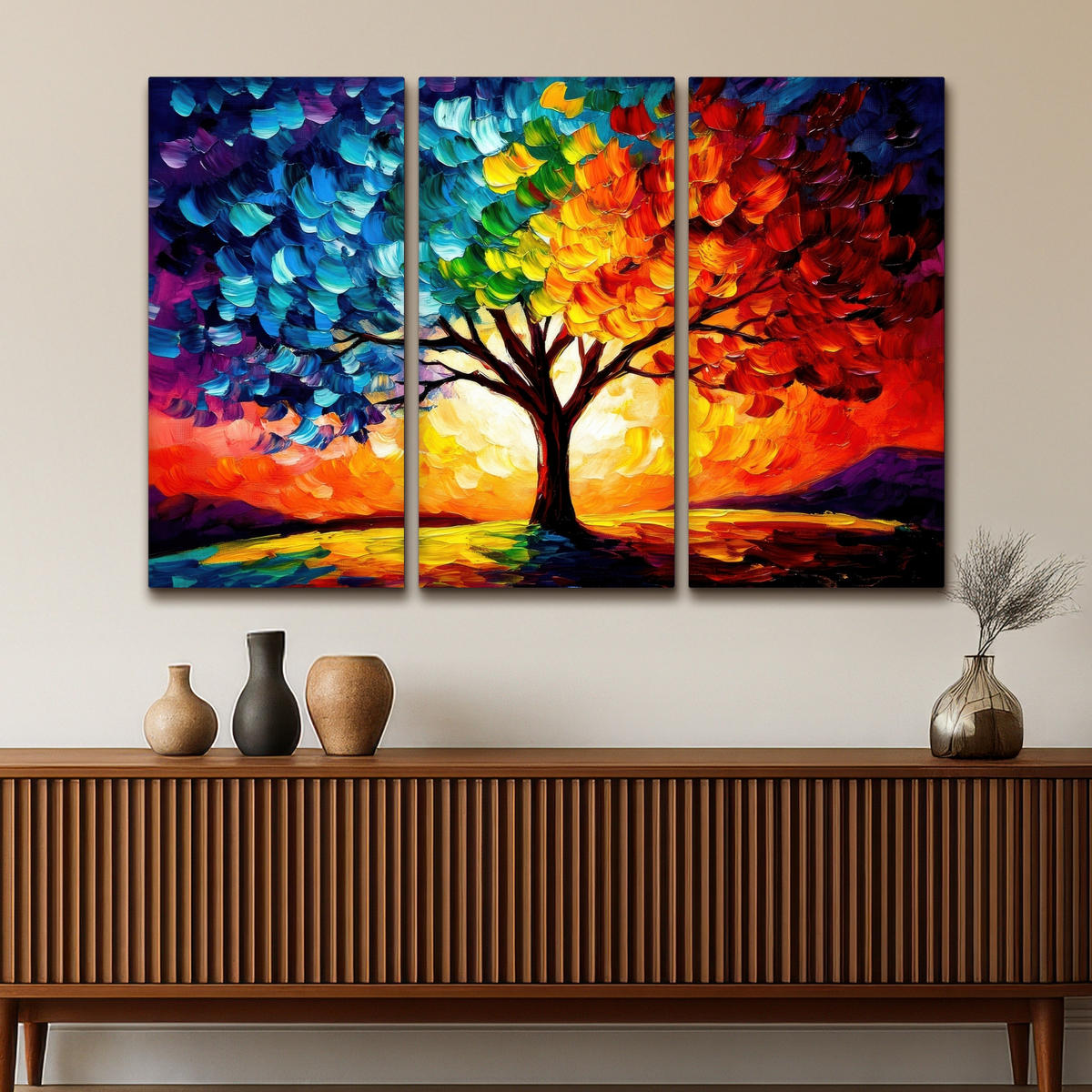 LEINWANDBILD 3er Set Baum - Farbenfroh - Malerei-Look - Abstrakt 150x100 cm - Multicolor, Textil (150/100cm) - MuchoWow