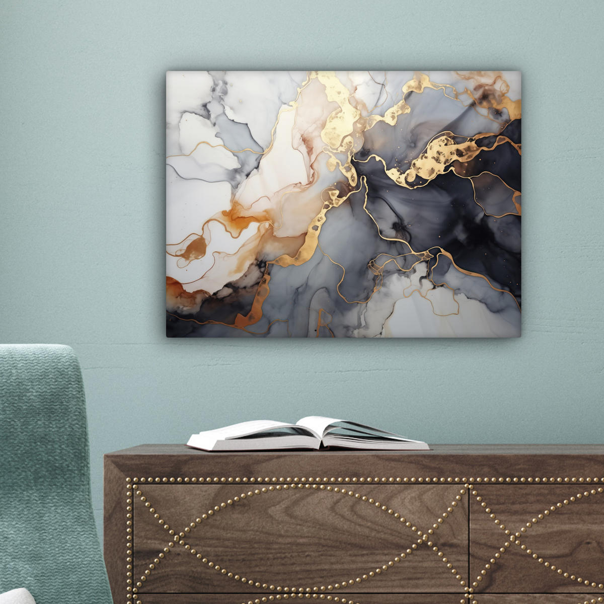 LEINWANDBILD Marmor - Schwarz - Gold - Weiß 40x30 cm - Dunkelgrau, Textil (40/30cm) - MuchoWow