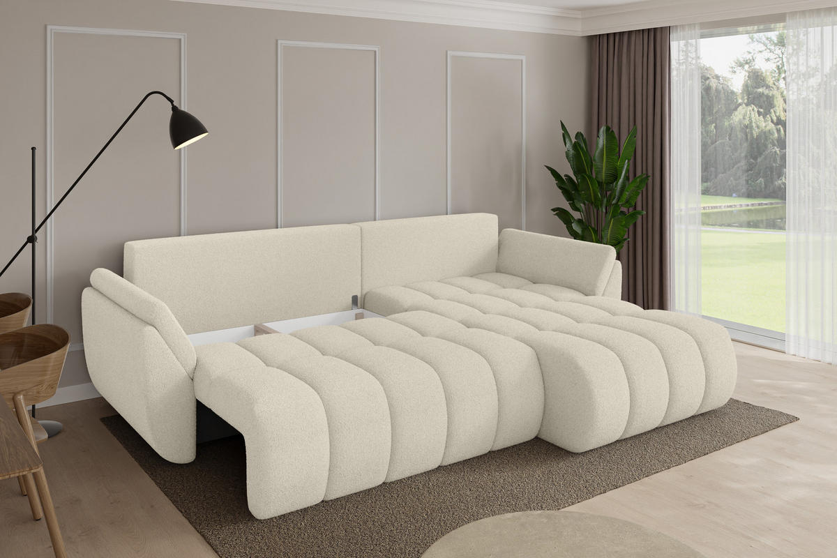 ROHOVÁ SEDAČKA s funkcí spaní, otoman vpravo TOKO-L-v1 277x194x86 béžová bouclé - černá/písková barva, kompozitní dřevo/textil (277/194cm) - ALTDECOR