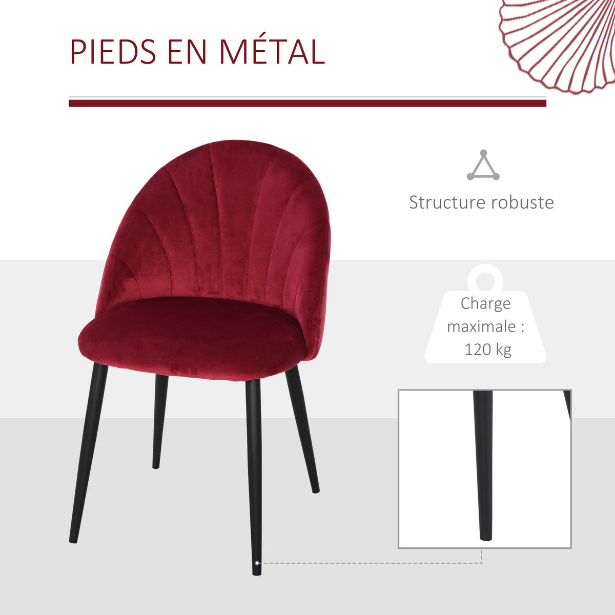 ESSZIMMERSTÜHLE 2er-Set DE-13181 Muscheldesign & Velours Bordeaux - Bordeaux, Metall (54/79/52cm) - ComfortXL