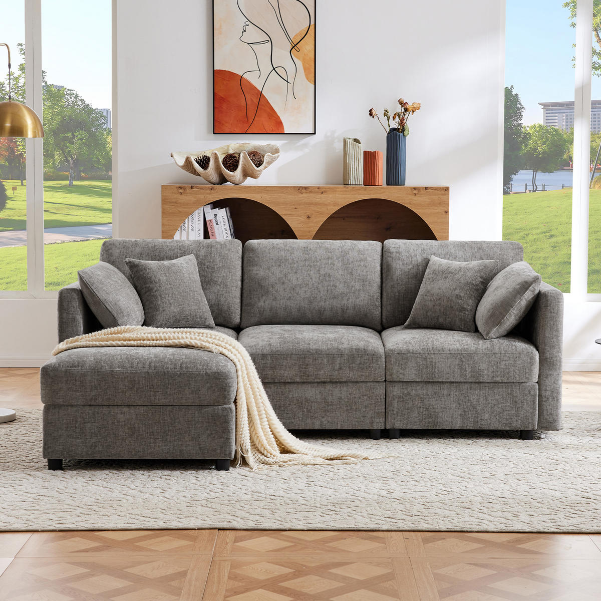4-SITZER ECKSOFA Chenille Grau mit Hocker und verstellbaren Armlehnen - Grau, Holzwerkstoff/Kunststoff (218/156.5cm) - WISHDOR