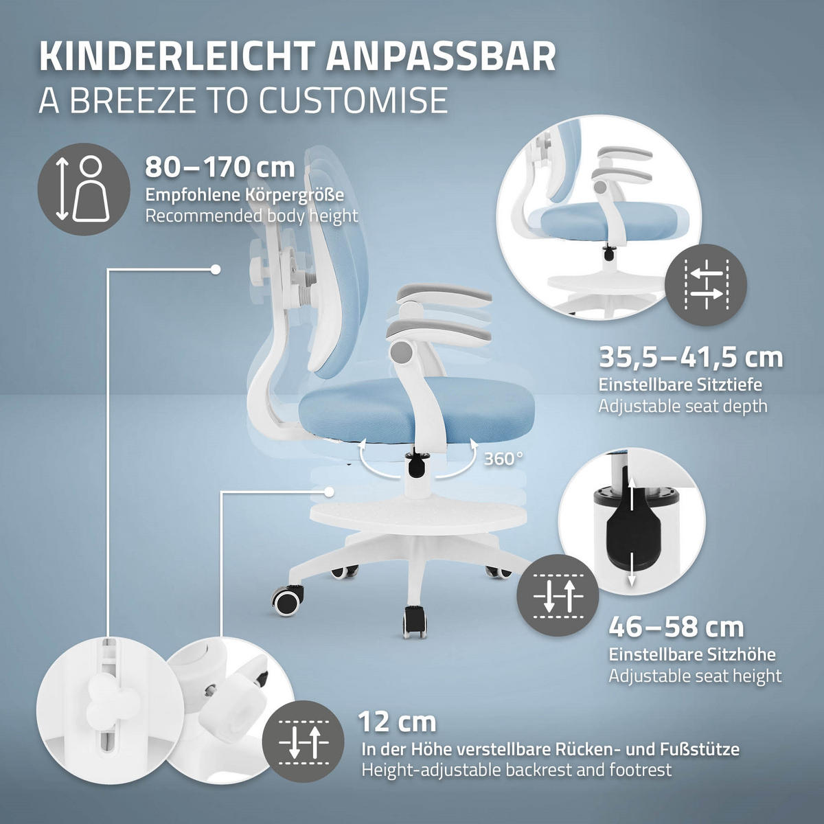 DĚTSKÁ ŽIDLE K PSACÍMU STOLU Modrá 95–107 cm z polyesteru - bílá/modrá, textil/plast (53/107/53cm) - ML-DESIGN