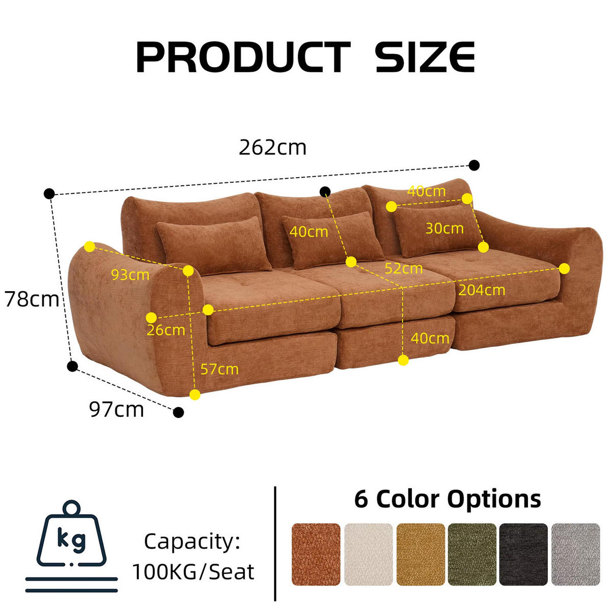 SCHLAFSOFA 3-Sitzer Chenille, Bequemes Kompressionssofa, Orange - Orange, Textil (262/78/97cm) - Kaket