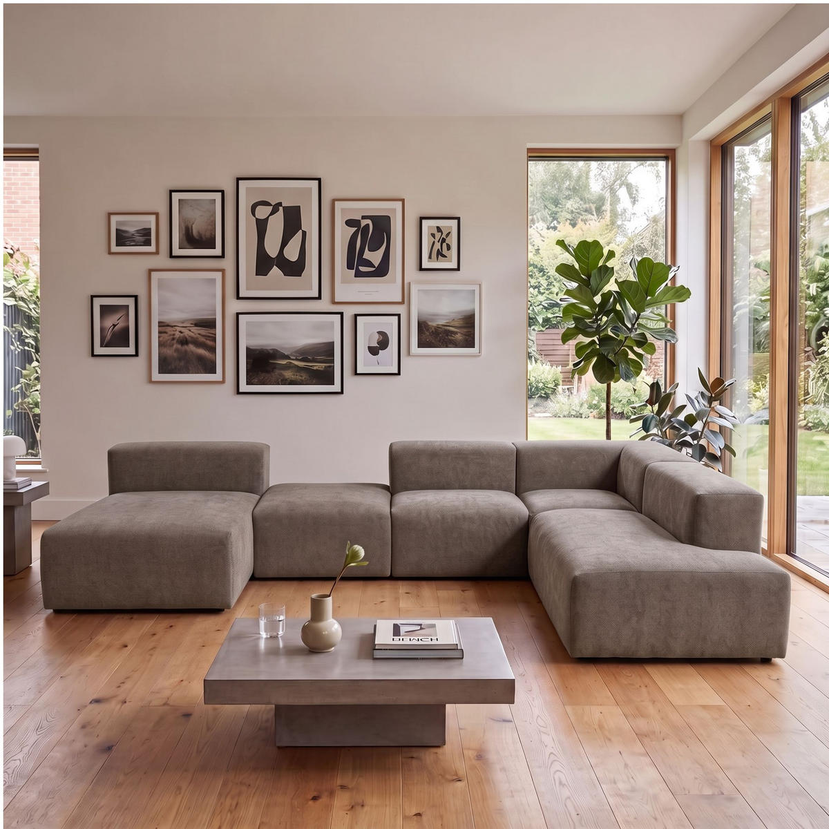 5-SITZER modulares Wohnlandschaft U XXL HEAVEN SET 6 Rechts, Breite 375 cm Webstoff Braun - Schwarz/Braun, Holz/Kunststoff (245/73/375cm) - Muffo