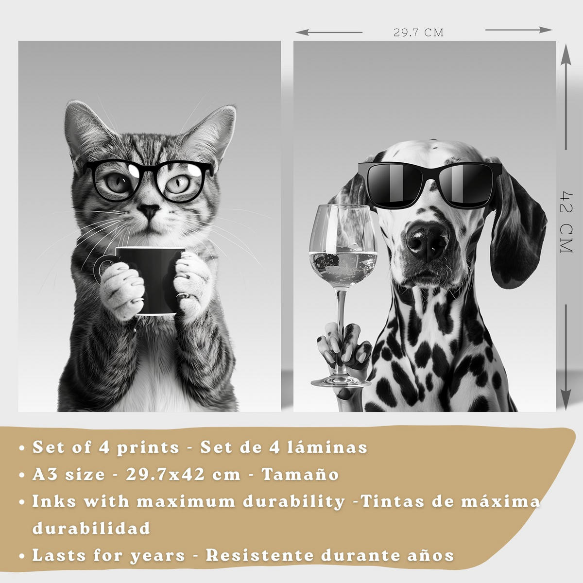 PLAKAT Sada 4 Byn Animals A3 bez rámu - čirá, papír (29.7/1/42cm) - Nacnic