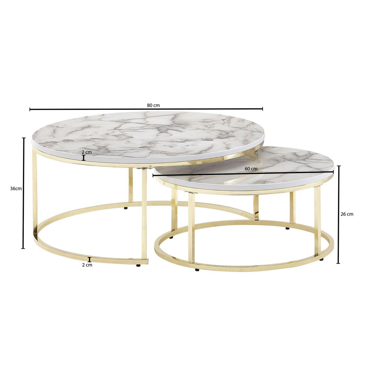 COUCHTISCH 2er Set Marmoroptik Metall Eichenholz Ineinanderschiebbar, Gold 80x80x36 cm - Goldfarben, Holz/Metall (80/80/36cm) - KADIMA DESIGN