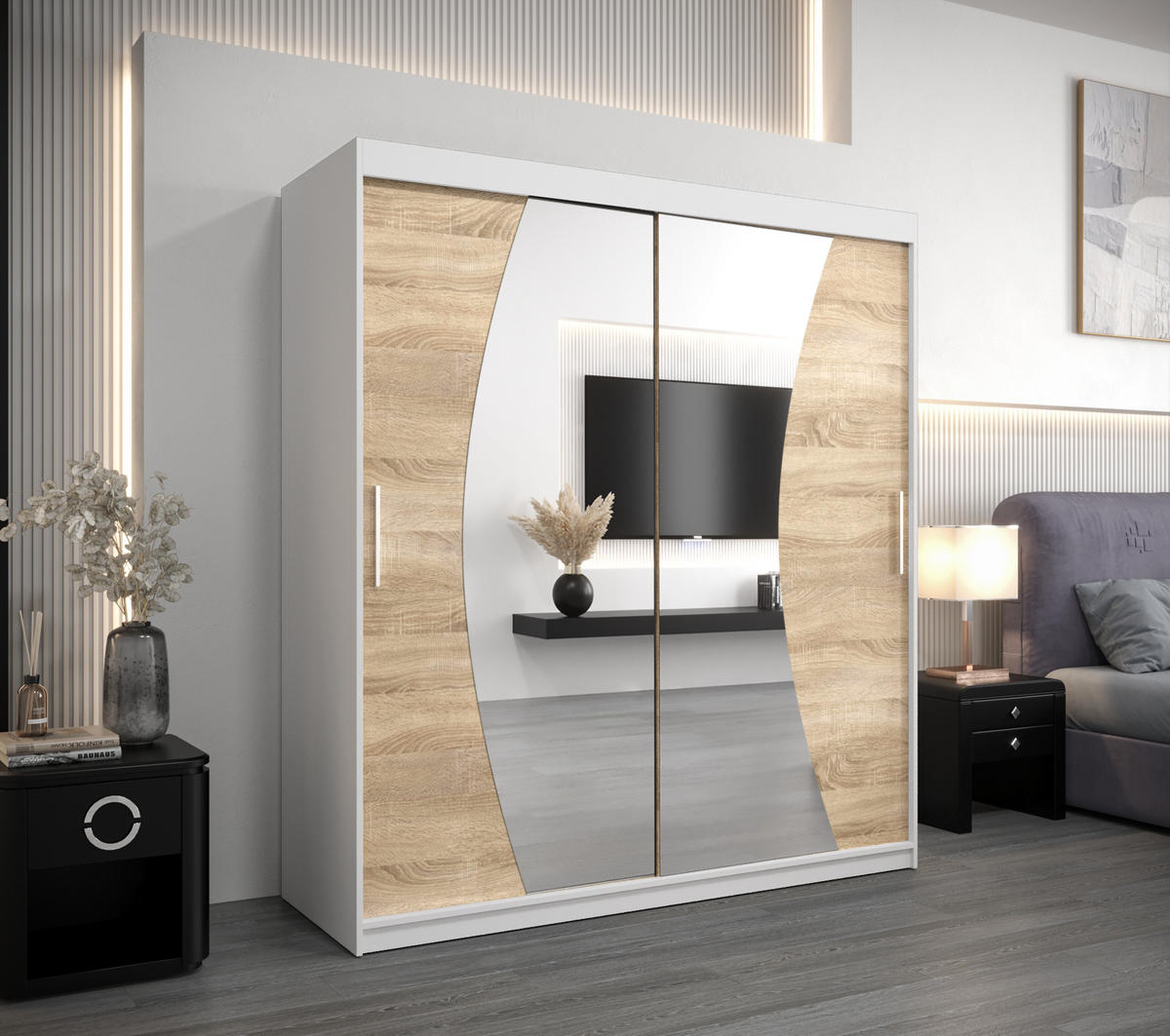 SCHWEBETÜRENSCHRANK 200/180/62 2-türig - Silberfarben/Weiß, Holz/Kunststoff (180/200/62cm) - Abiks Möbel