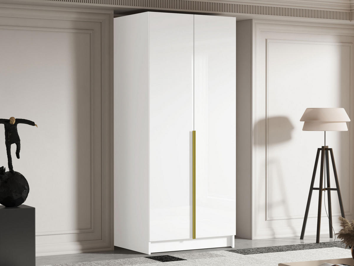 KLEIDERSCHRANK Bono I - Weiß Hochglanz/Goldfarben, Holzwerkstoff/Metall (100/215/58cm) - MIRJAN24