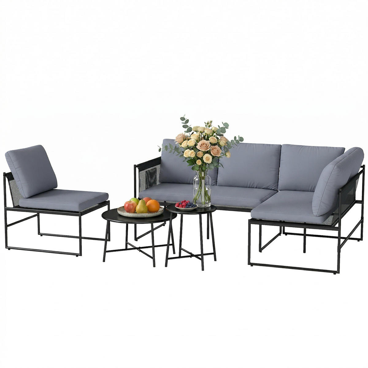 LOUNGE GARTENMÖBEL SET DE-06611 4-5 Personen, Couchtisch, Stuhl, dick waschbare Kissen - Dunkelgrau, Textil/Metall - ComfortXL
