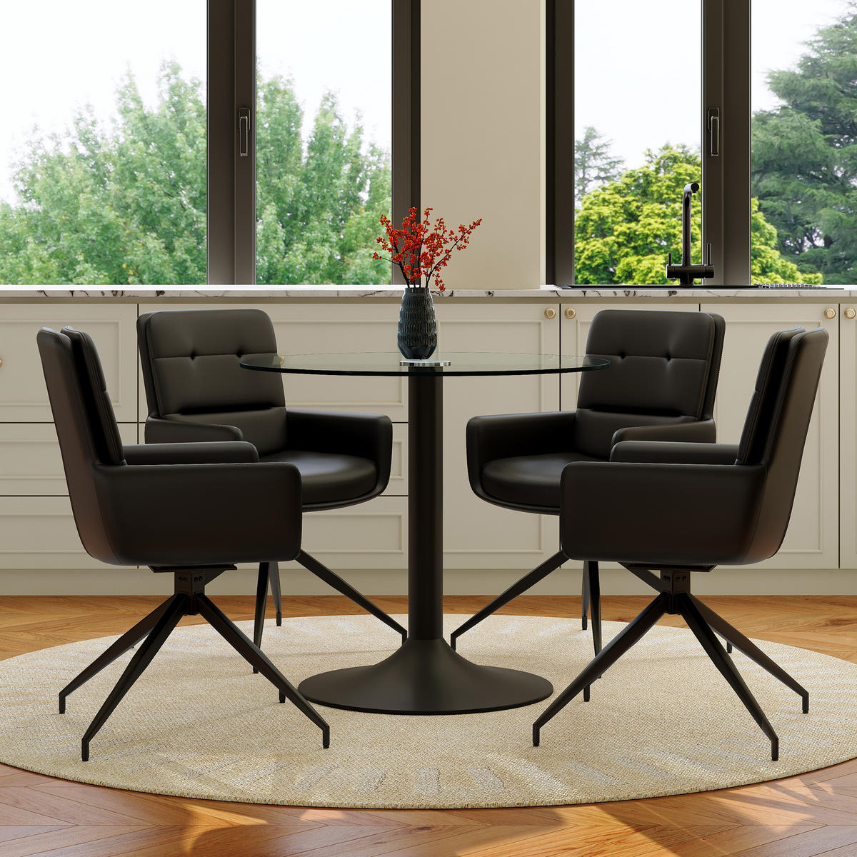 ESSGRUPPE DE-39489 5-teilig, Glastisch und 4 Drehstühlen Schwarz - Schwarz, Metall (85/75/85cm) - ComfortXL