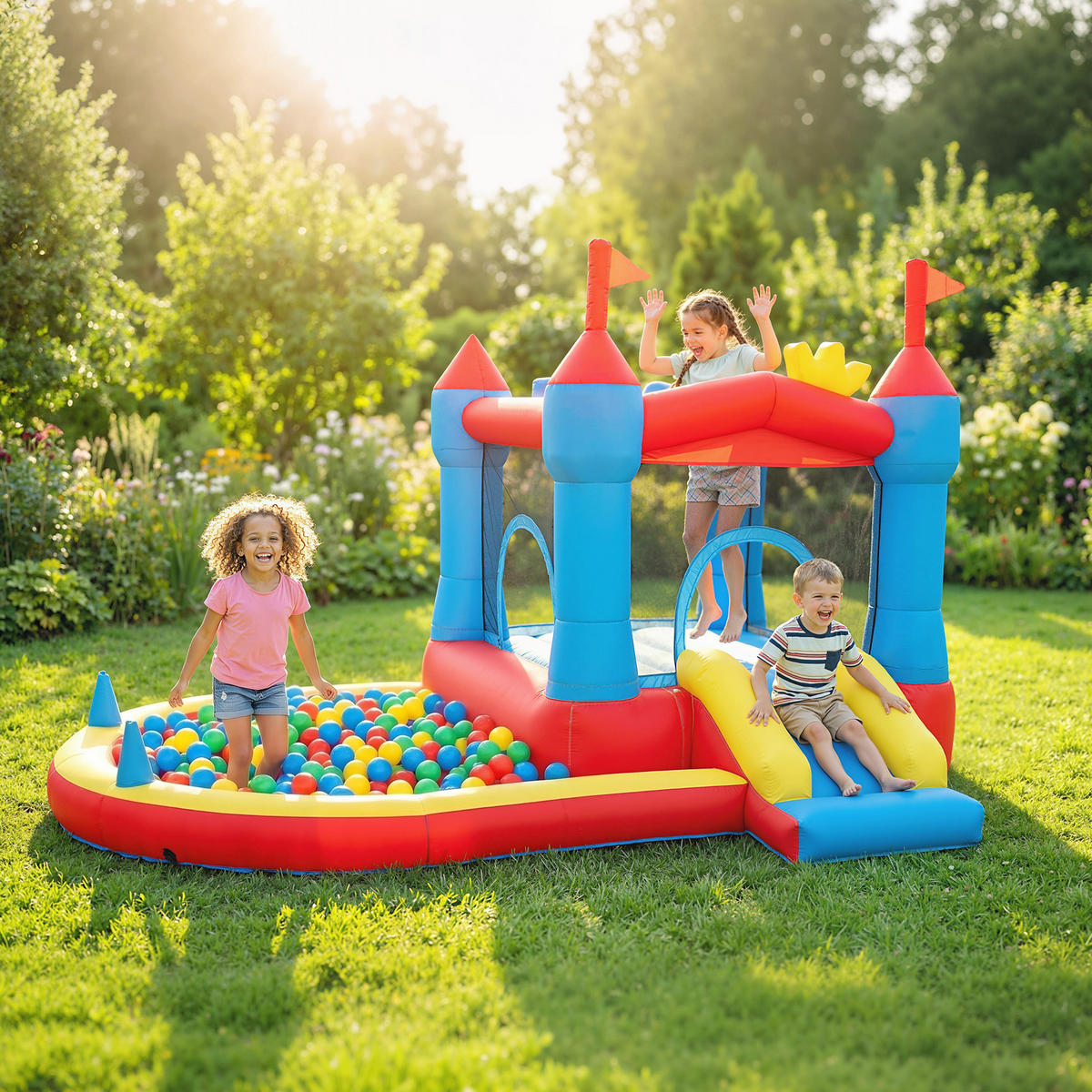 HÜPFBURG DE-18568 mit Trampolin, Rutsche & Basketballkorb Mehrfarbig - Multicolor, Kunststoff (342/255/209cm) - ComfortXL