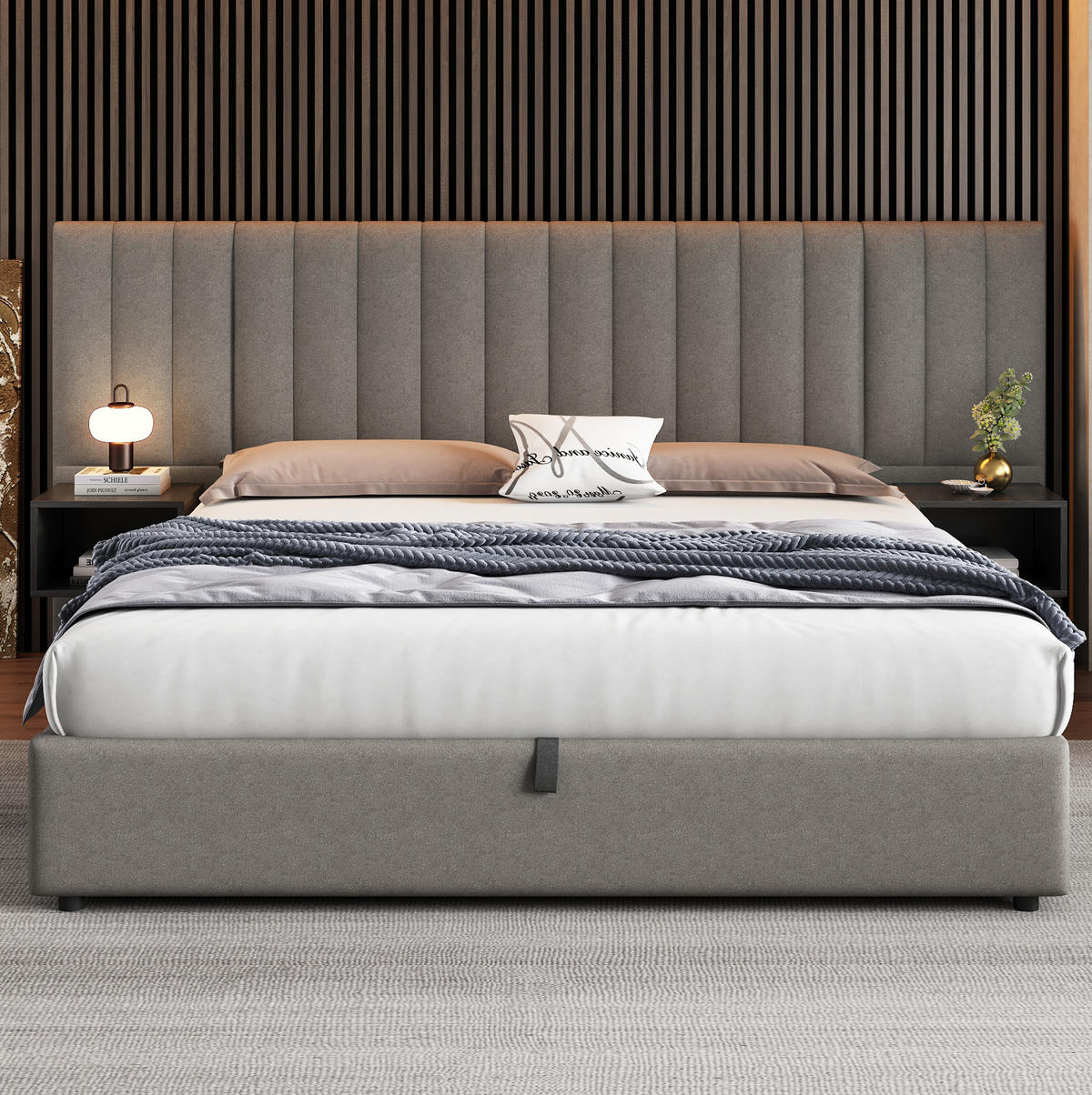 POLSTERBETT 180/200 cm mit hydraulischem Stauraum, 2 Nachttischen und Holzlattenrost aus Leinen, Grau/Schwarz - Grau, Textil (180/200cm) - Redom
