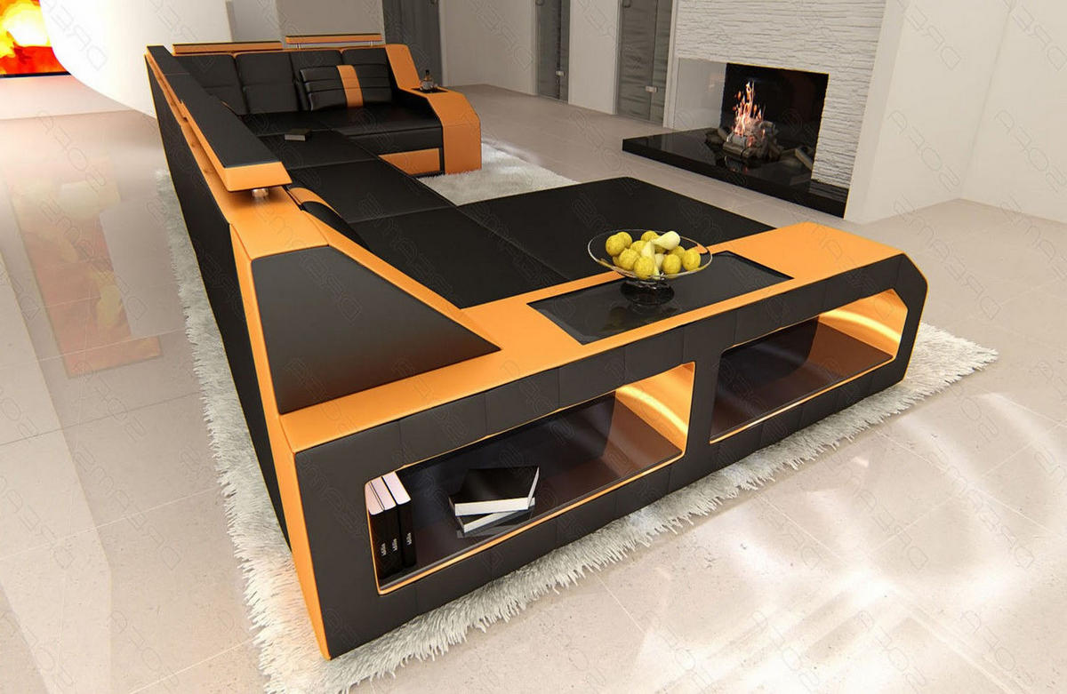 WOHNLANDSCHAFT Arezzo U - Schwarz/Orange, Leder (380/86/197cm) - Sofa Dreams