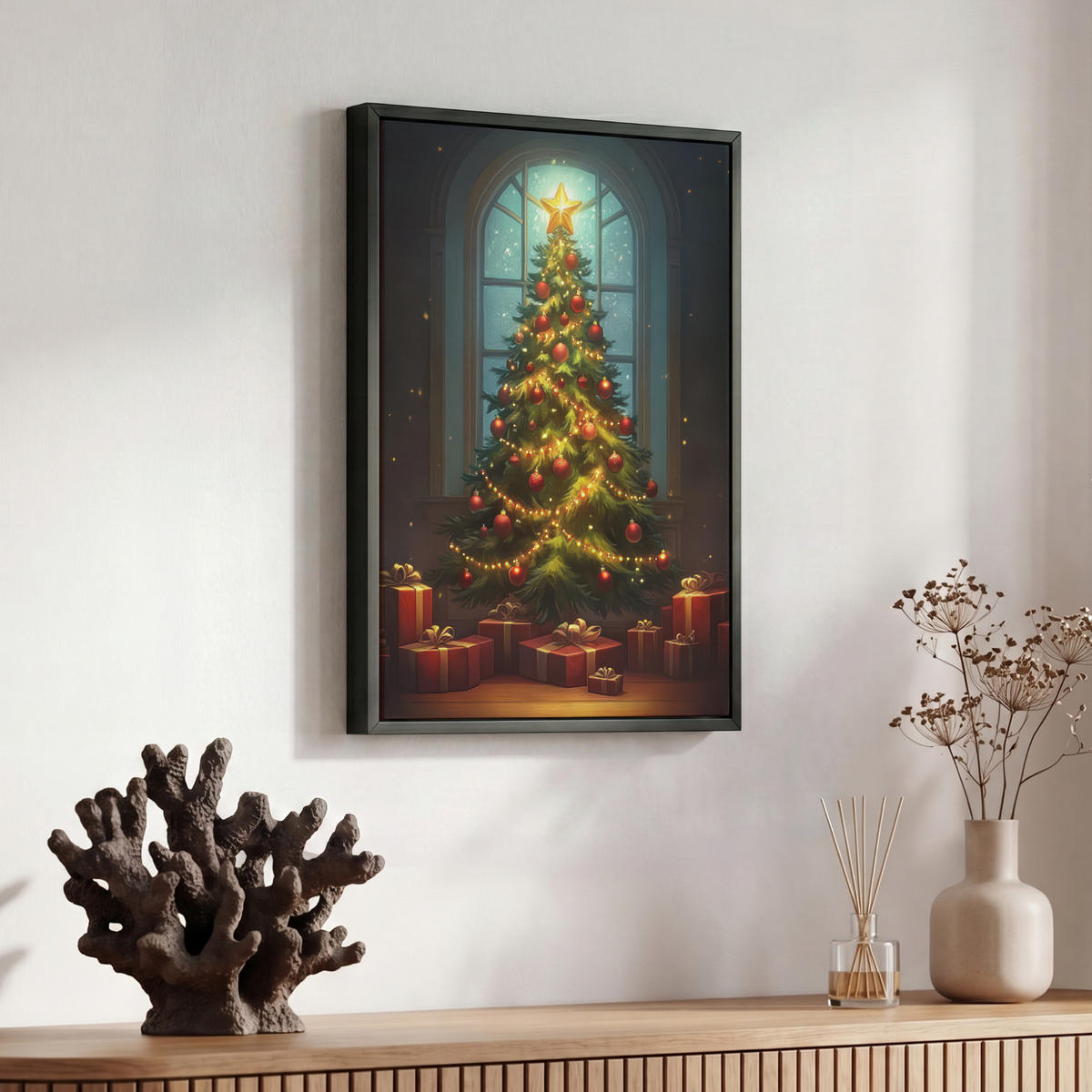 LEINWAND Bilder mit Rahmen - Weihnachtsbaum - Geschenk - Winter - 30x40 - Grün, Textil (30/40cm) - MuchoWow