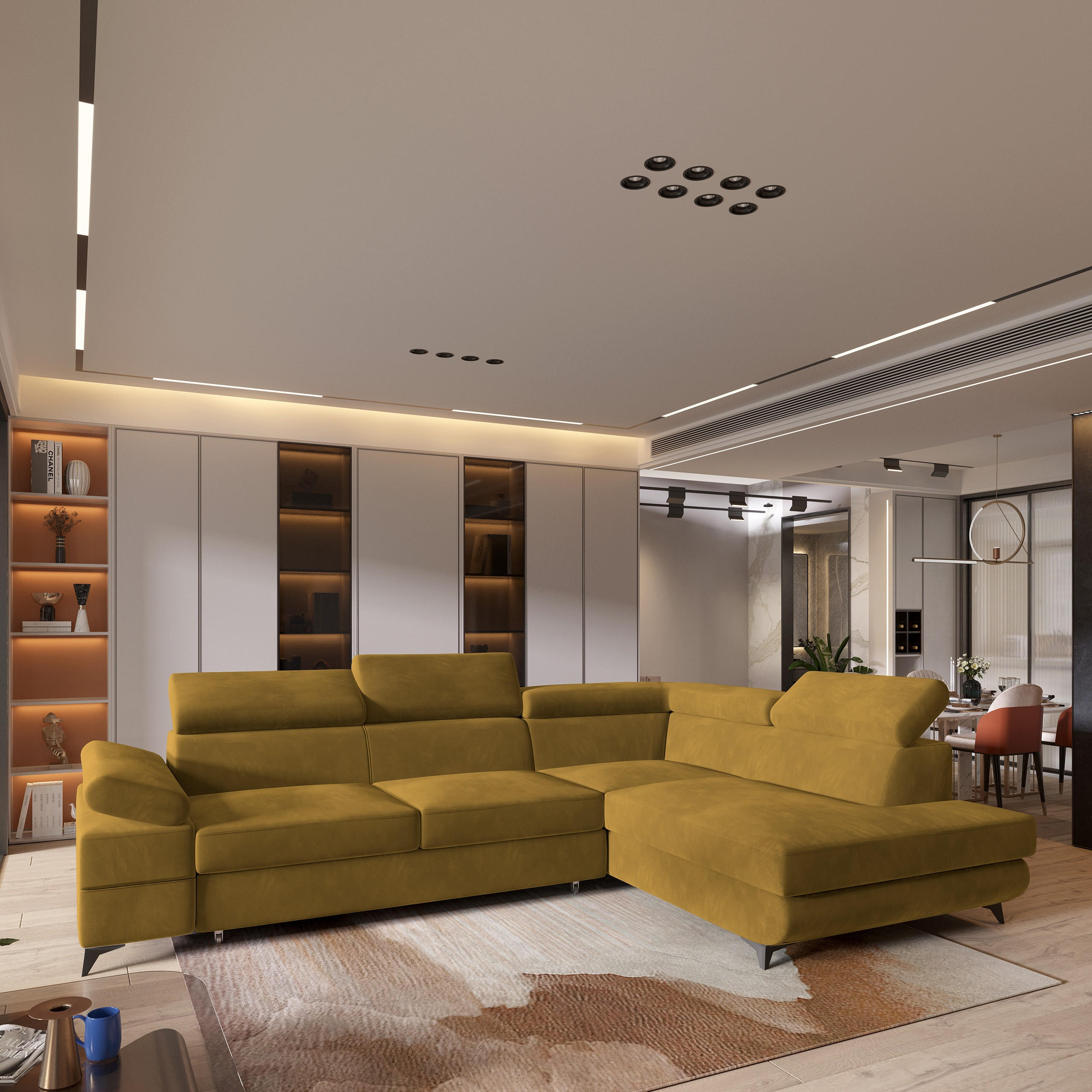 ECKSOFA FAVIEN R-S Gelb Velours-Stoff mit Schlaffunktion - Gelb, Holz (257/190cm) - MASSENO