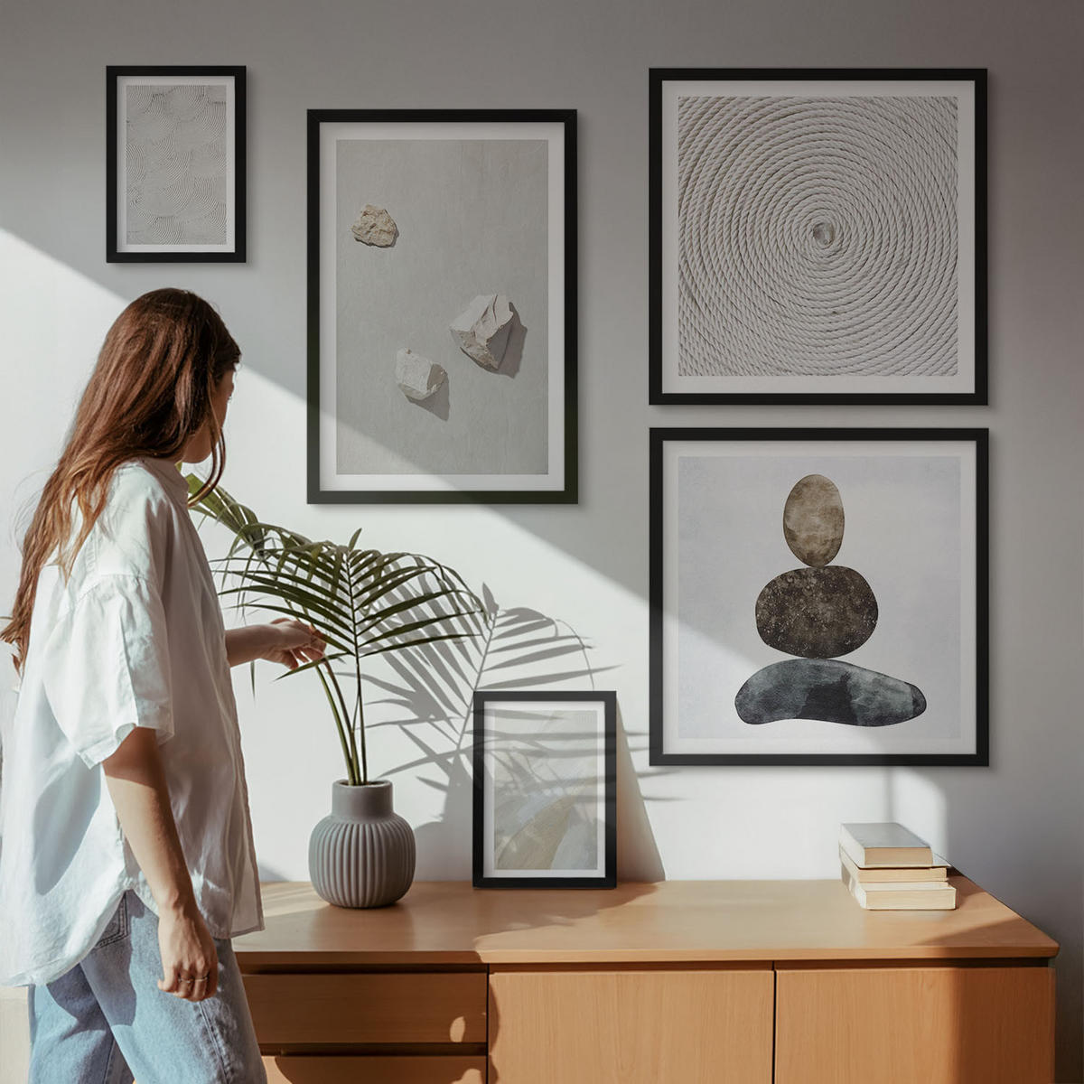 BILDER SET 5er Set - 50x50 cm & 20x30 cm & 40x60 cm Schwarzer Rahmen - Sandsteine moderne Farbe - Schwarz, Kunststoff (40/60cm) - TULUP