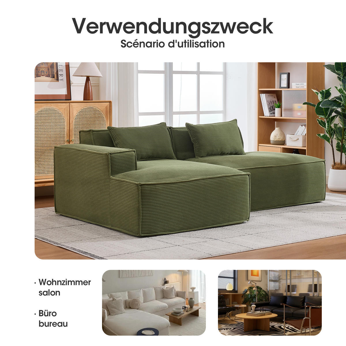 ECKSOFA polyester L-form mit taschenfederkern & 2 kissen - Grün, Textil (235/129cm) - Urban Meuble