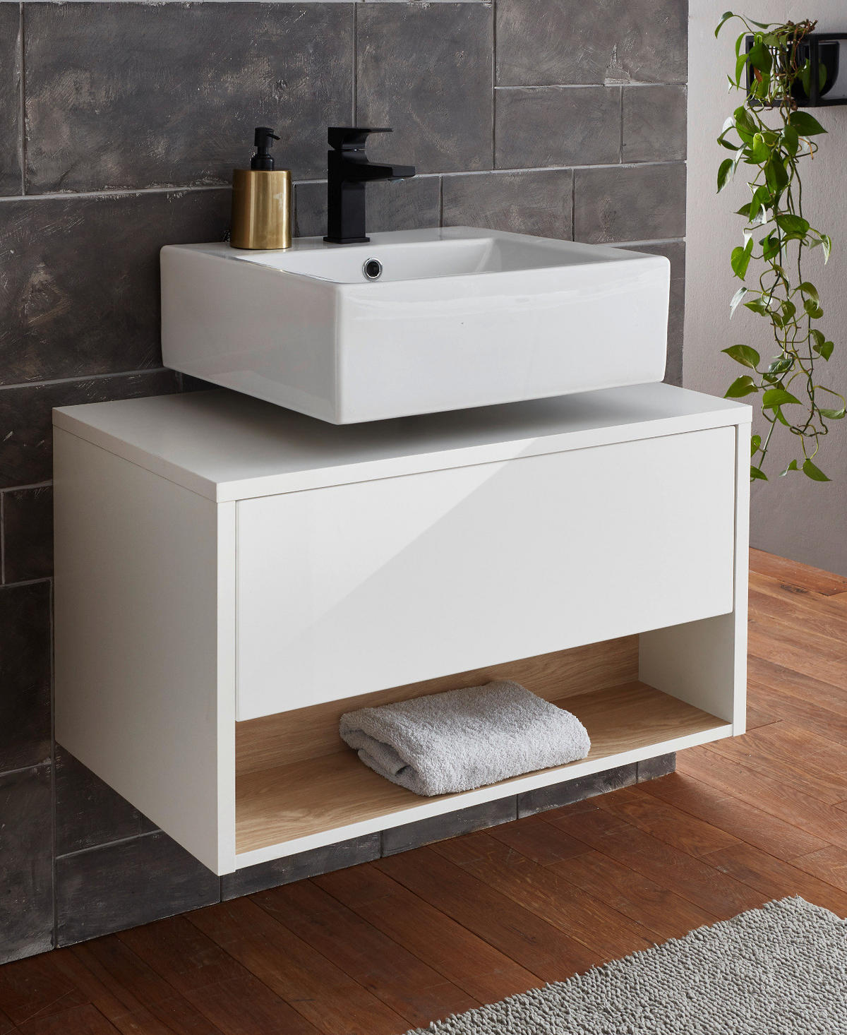 WASCHBECKENUNTERSCHRANK weiß Hochglanz, Eiche 80 cm, Bad Unterschrank mit Push-to-Open - Weiß Hochglanz, Holzwerkstoff (80/46/46cm) - Furn.Design