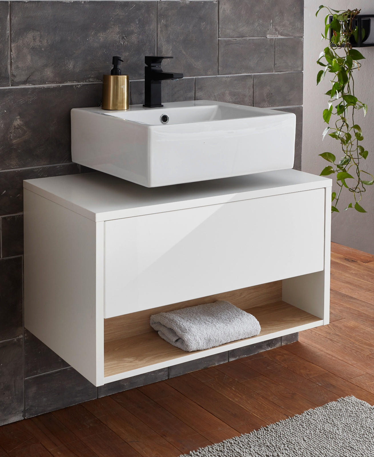 Thumbnail - Furn.Design Waschbeckenunterschrank, Weiß Hochglanz, Holzwerkstoff, Nachbildung, Uni, 80x46x46 cm, FSC 100%, Badezimmer,...