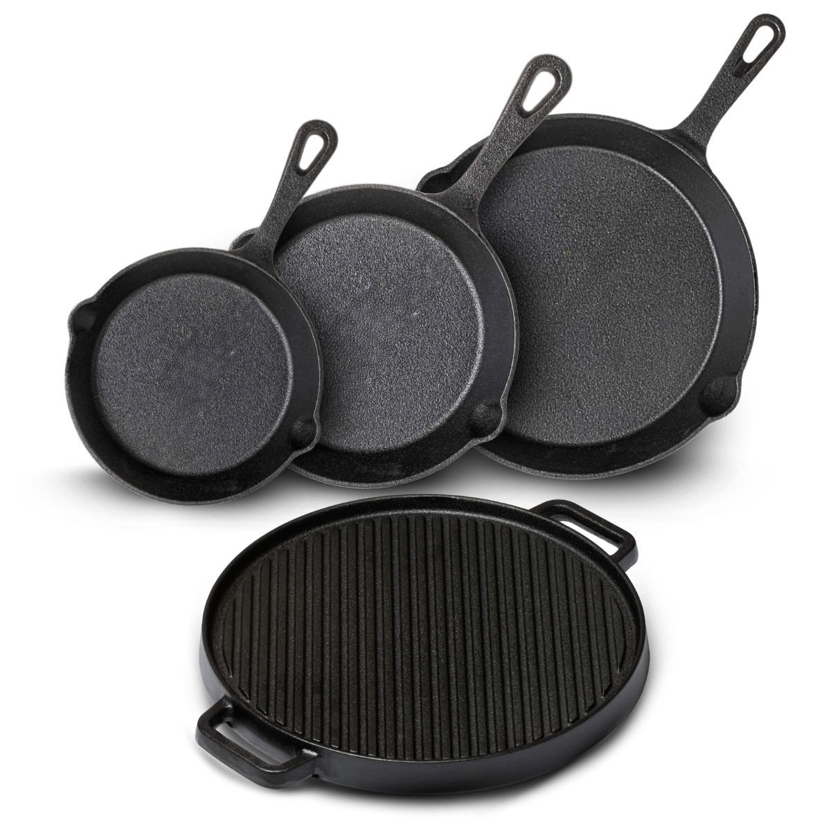 PFANNENSET aus Gusseisen – BratPFANNEN16, 20 & 25 cm & Grillplatte Ø 30 cm – 4-teilig – geeignet für alle Herdarten - Schwarz, Keramik (1/2/2cm) - Blackwell