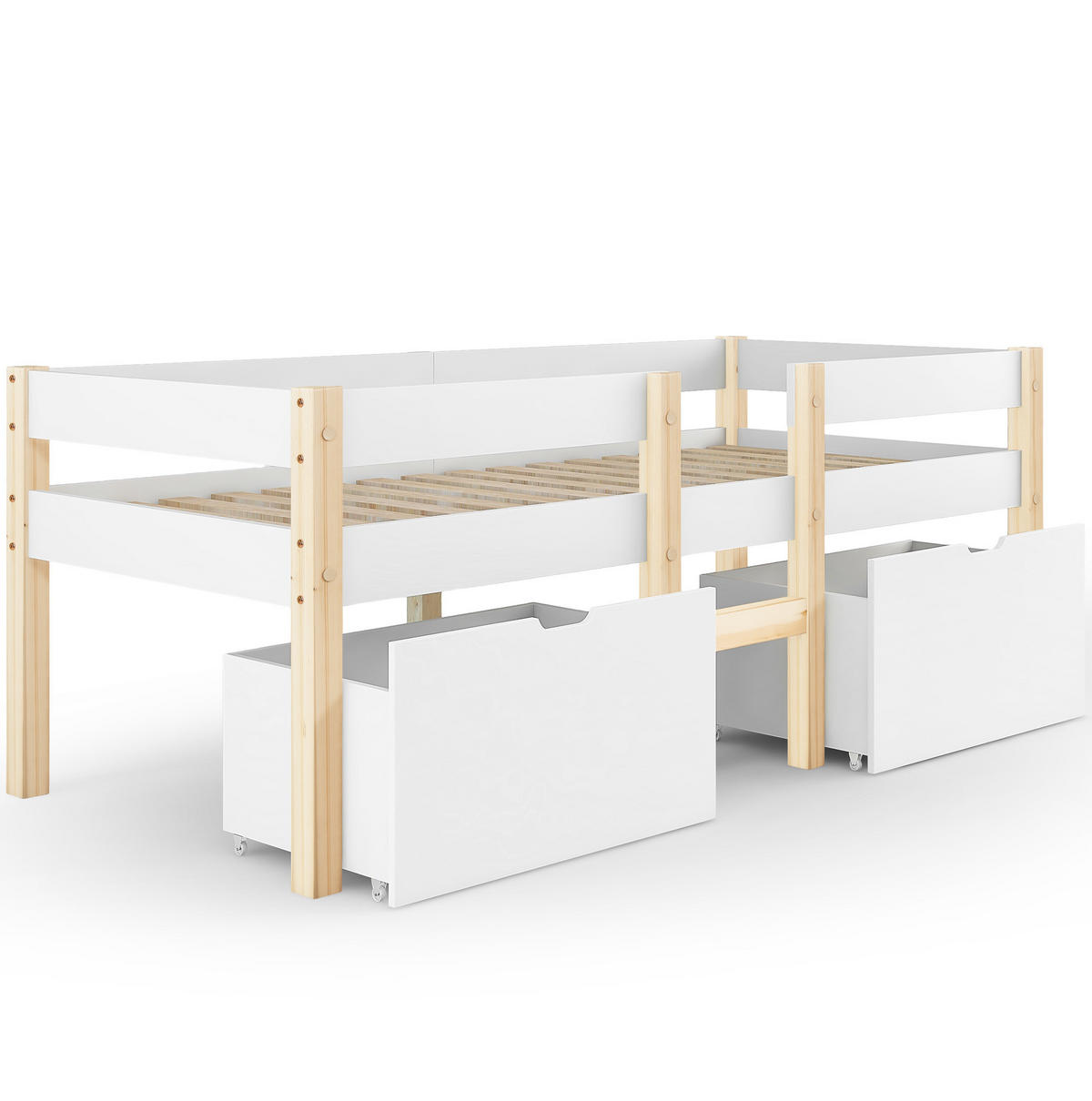 KINDERBETT 90/190 cm aus massiver Kiefer mit Rausfallschutz und 2 Schubladen - Weiß, Holz (90/190cm) - BEAOK