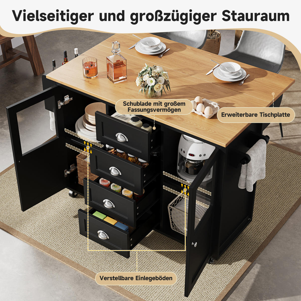 KÜCHENINSEL mit Rollen 137,9/73/92,5 cm Schwarz mit 4 Schubladen und Klapptisch - Schwarz, Holz/Holzwerkstoff (137.9/92.5/73cm) - Oxeza