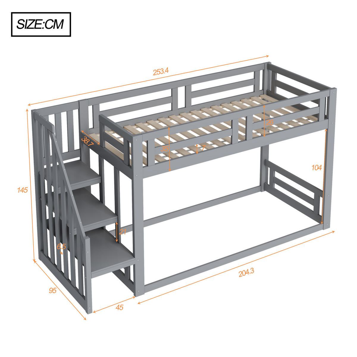 ETAGENBETT 90/200 cm Grau Niedriges Kinderbett mit Sicherheitsleiter aus Massivholz - Grau, Holz (90/200cm) - OKWISH