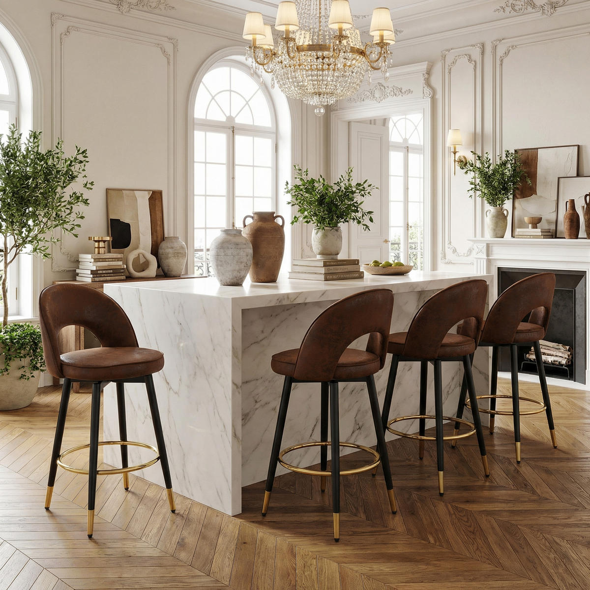 BARSTUHL 2er Set Braun 360° Drehbar in Lederoptik - Braun, Textil (47/92/44cm) - Urban Meuble