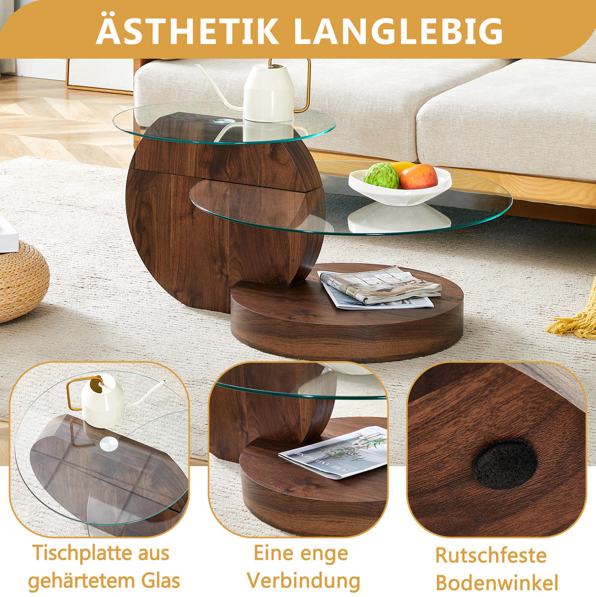 COUCHTISCH aus MDF und Glas Ø50/70x44 cm in Walnuss mit Ablageflächen - Walnussfarben, Glas (90/90/44cm) - Modfu