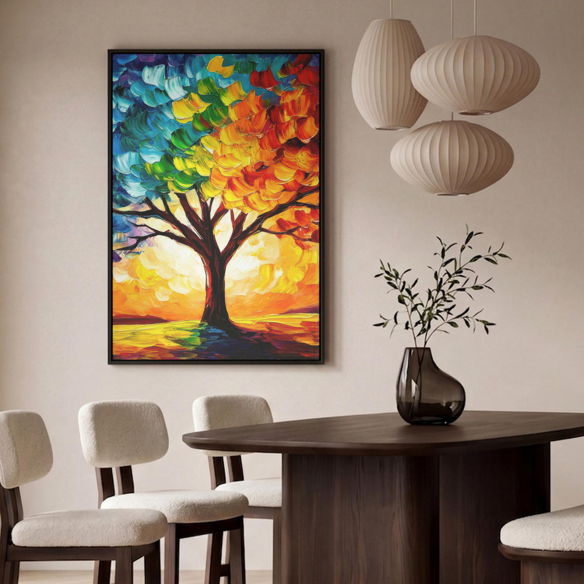 LEINWAND Bilder mit Rahmen - Baum - Kunst - Natur - Sonnenuntergang - 80x120 - Multicolor, Textil (80/120cm) - MuchoWow