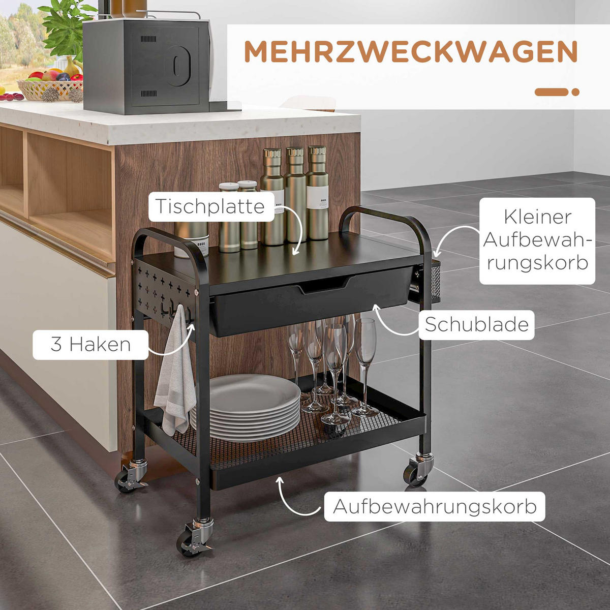 SERVIERWAGEN, Rollwagen, Stahl, Schwarz - Schwarz, Kunststoff (32.6/58.5/61cm) - HOMCOM