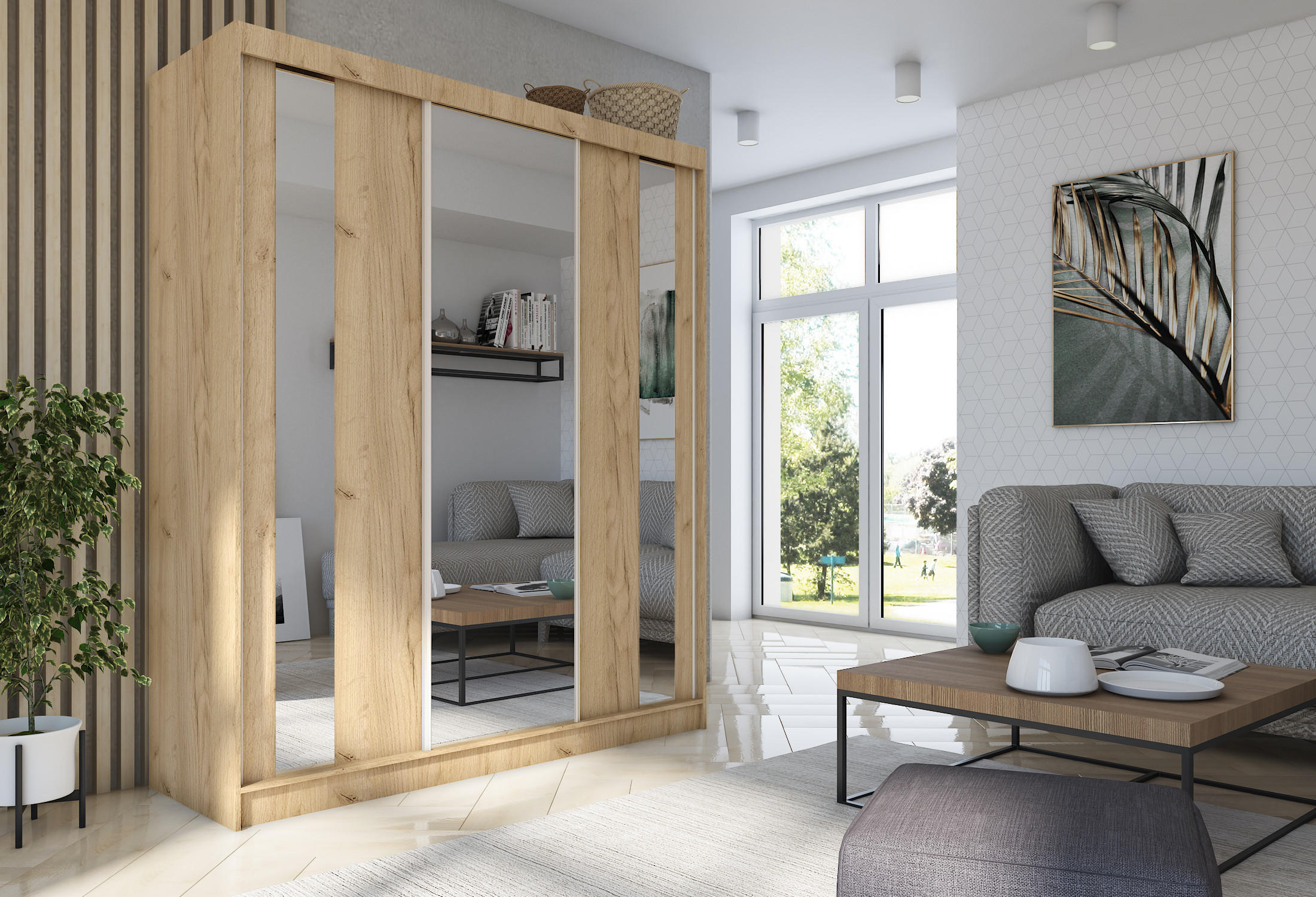 SCHWEBETÜRENSCHRANK GRAZIA 180/216/61 cm 3-türig mit Spiegel Sonoma Eiche - Sonoma Eiche, Holzwerkstoff (180/216/61cm) - MASSENO