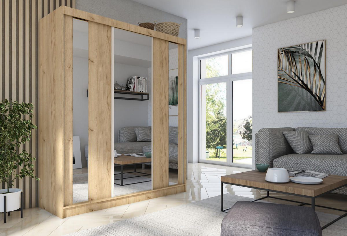 SCHWEBETÜRENSCHRANK GRAZIA 180/216/61 cm 3-türig mit Spiegel Sonoma Eiche - Sonoma Eiche, Holzwerkstoff (180/216/61cm) - MASSENO