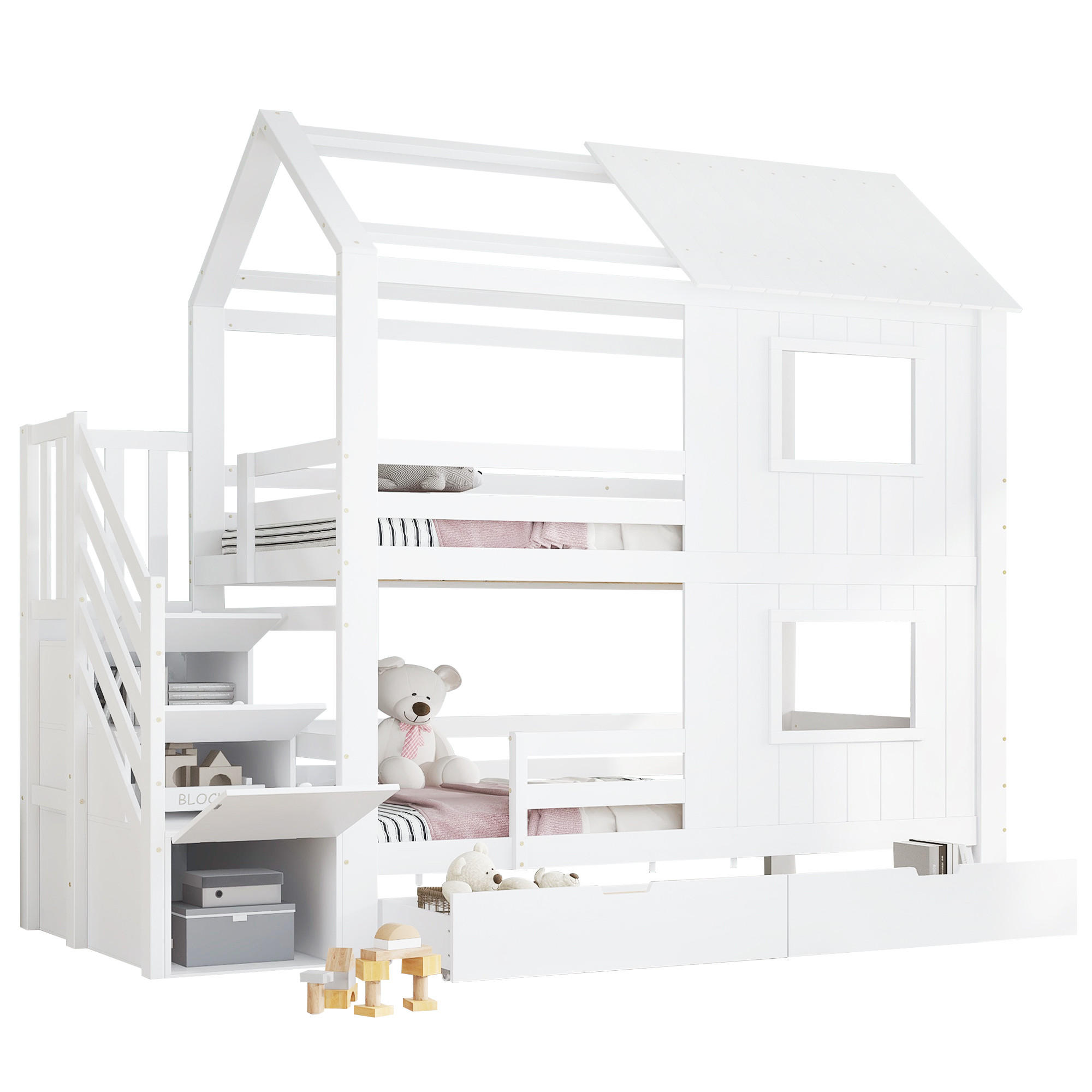 ETAGENBETT 90/200 cm in Weiß mit Treppenschrank, Schublade und Dach Kiefer & MDF - Weiß, Holz/Holzwerkstoff (90/200cm) - CHICFURN