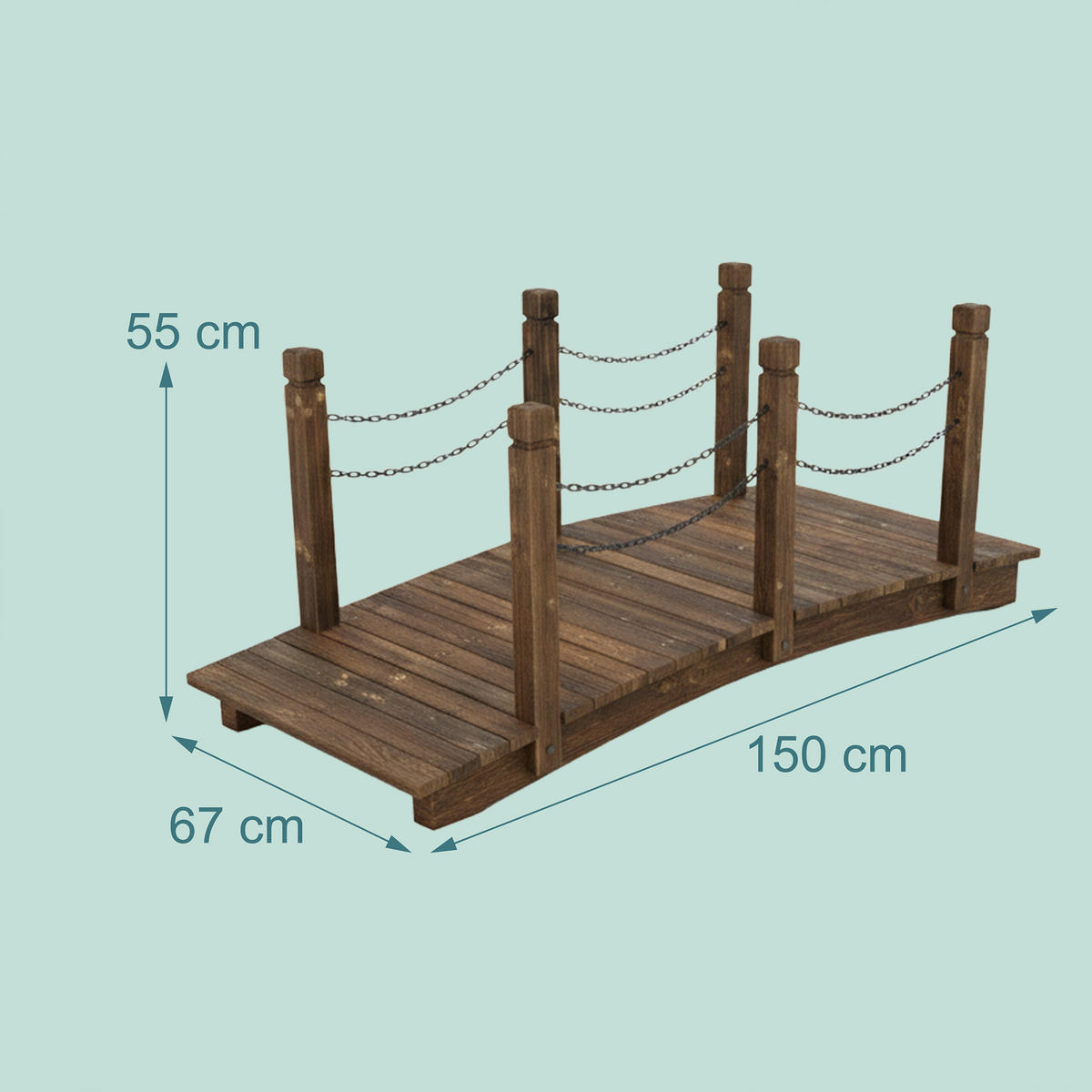 GARTENBRÜCKE Braun Tannenholz Ketten 55x150x67 cm - Braun, Holz/Metall (67/150/55cm) - Relaxdays