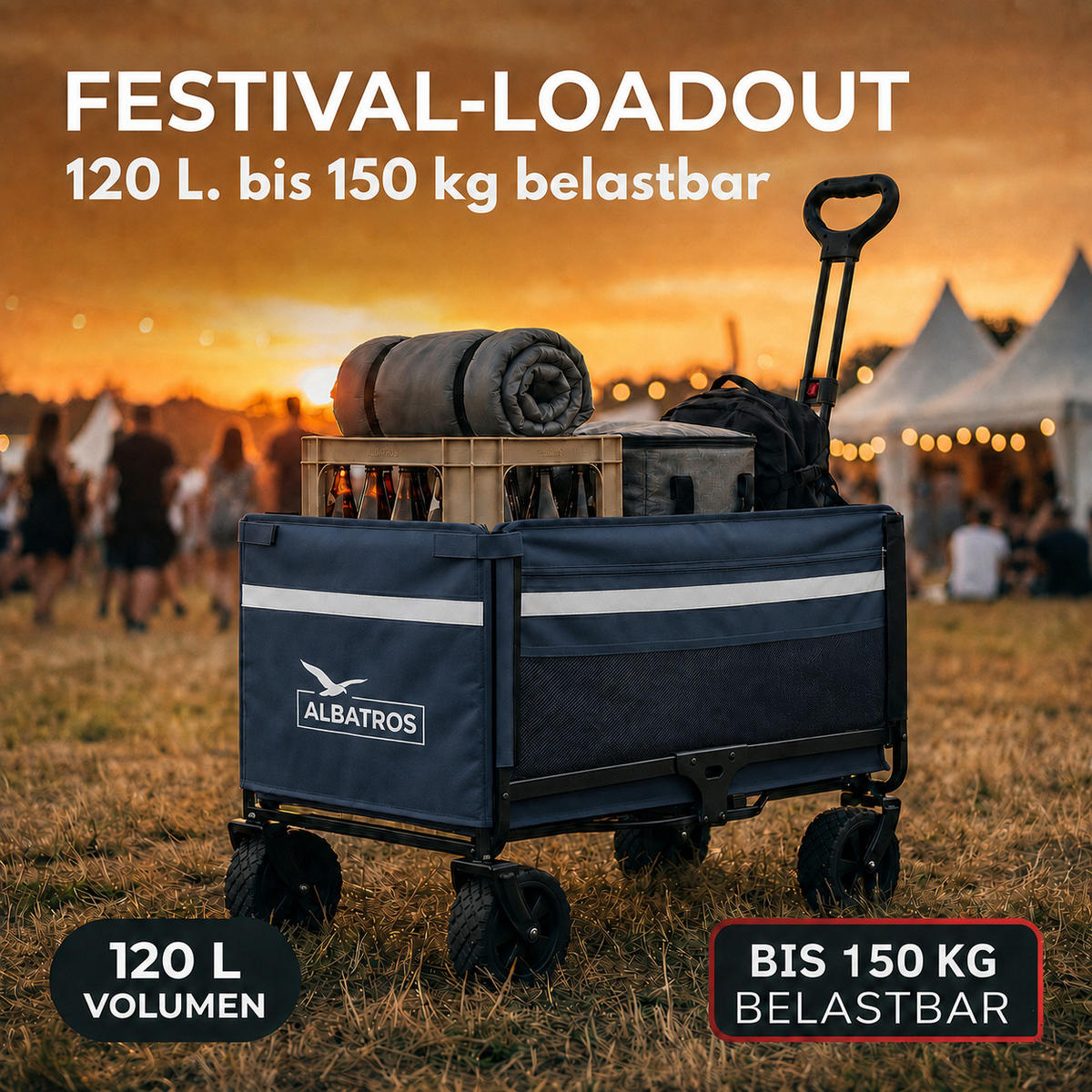 ALBATROS Bollerwagen faltbar 120L, Blau - Blau, Metall (47/51/70cm) - Albatros