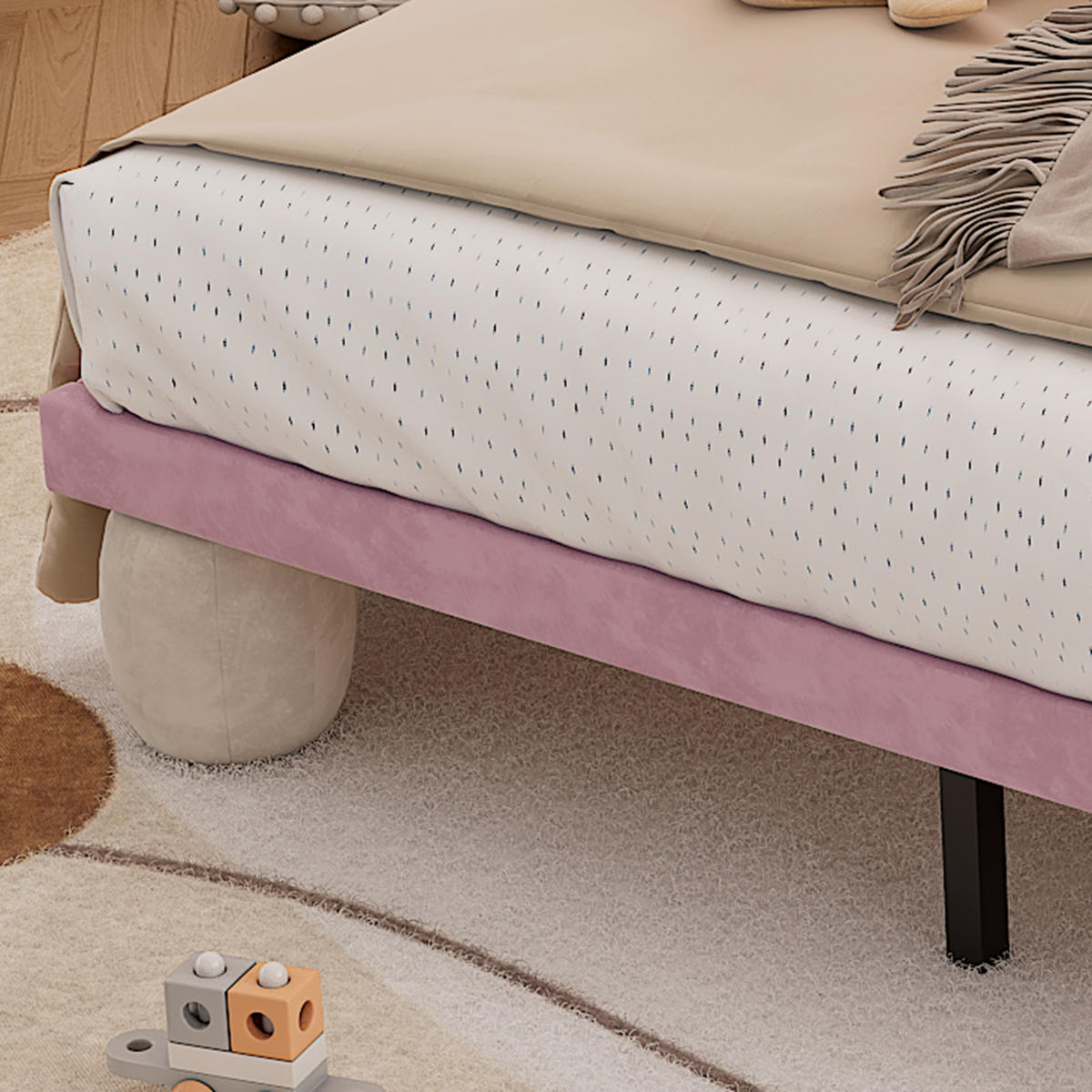 POLSTERBETT 140x200 Kinderbett mit LED Lichtstreifen am Kopfteil, Samt, Holzlatten, Design Jugendbett, beige-rosa - Rosa, Textil (140/200cm) - Luhomfu