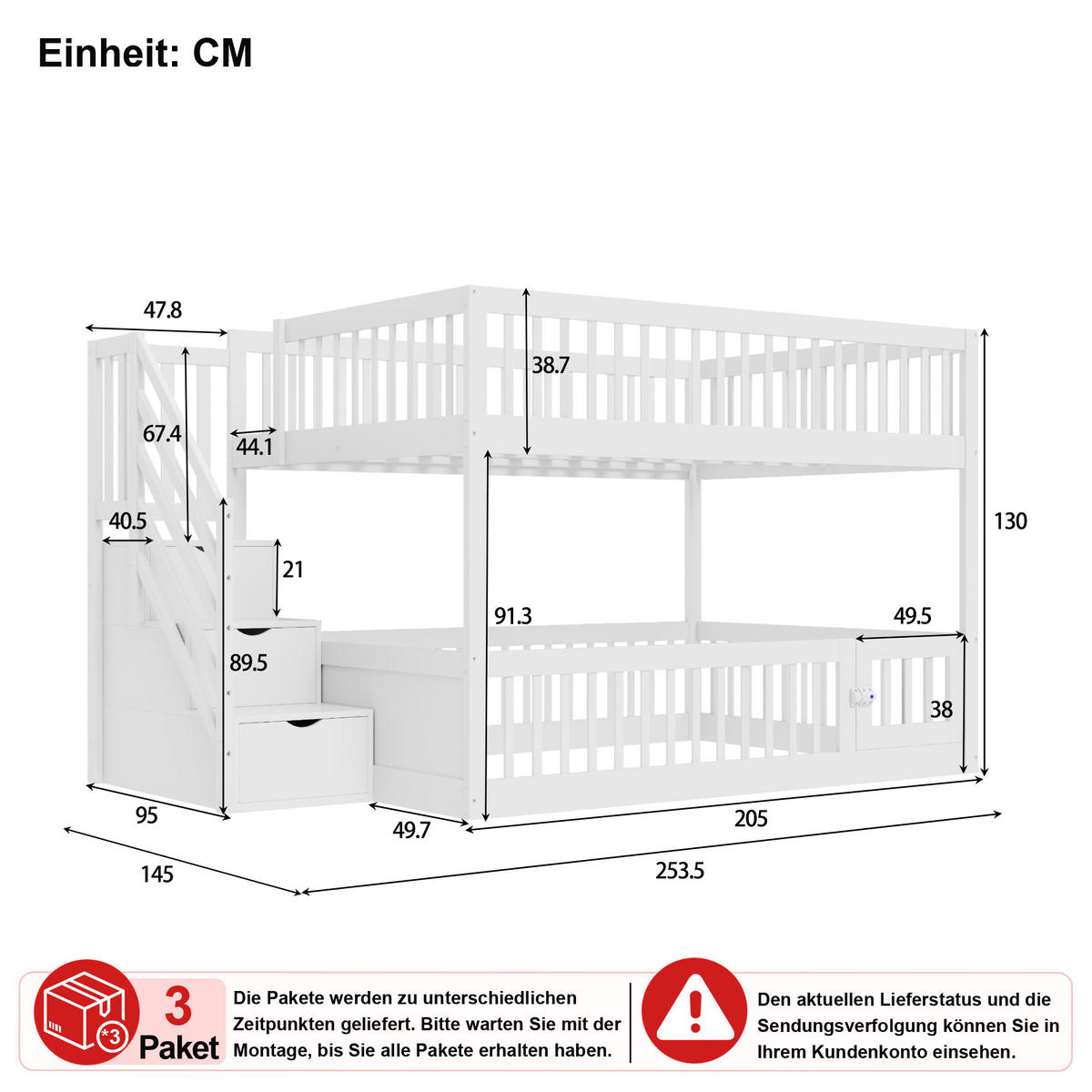 ETAGENBETT 140/200 cm in Weiß mit Stauraumtreppe und Schubladen - Weiß, Holz/Holzwerkstoff (140/200cm) - CHICFURN