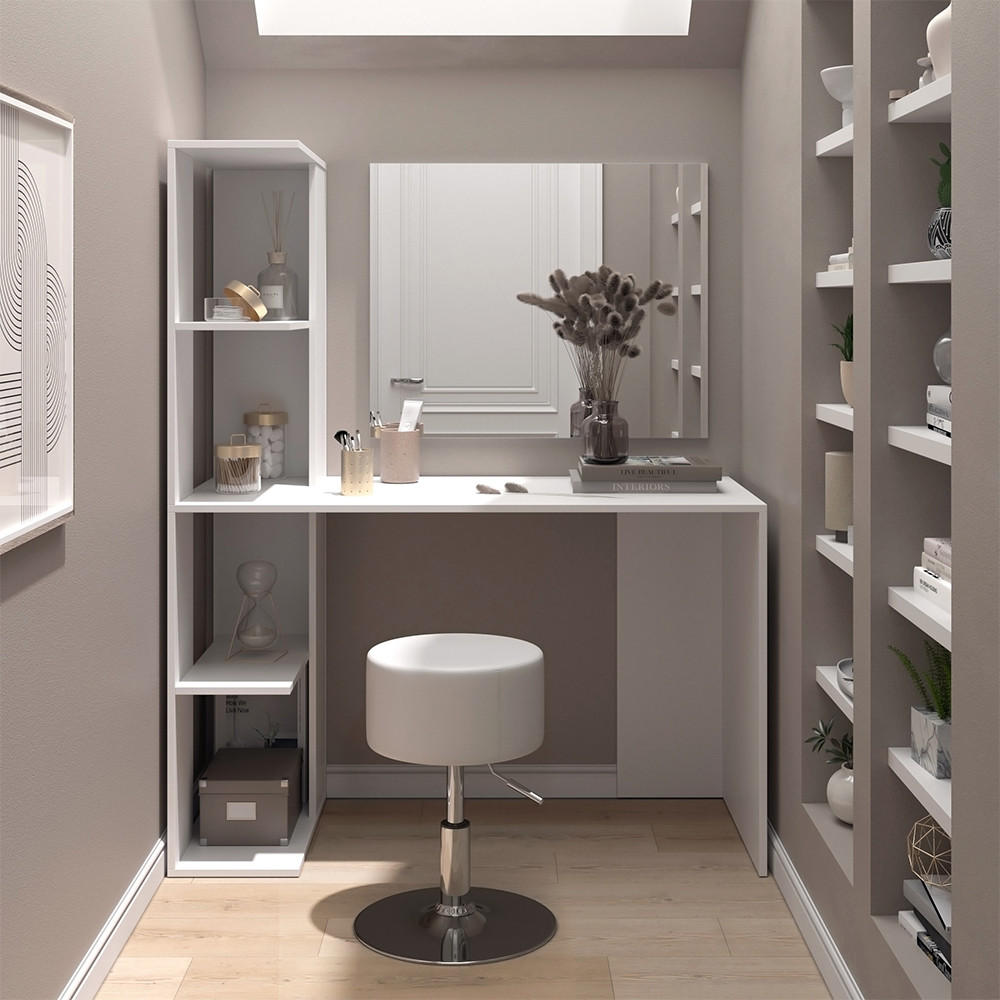 SCHMINKTISCH Tower Weiß 122.2 cm mit Spiegel und Hocker - Weiß, Holzwerkstoff (122.2/75.8/55.2cm) - Vicco