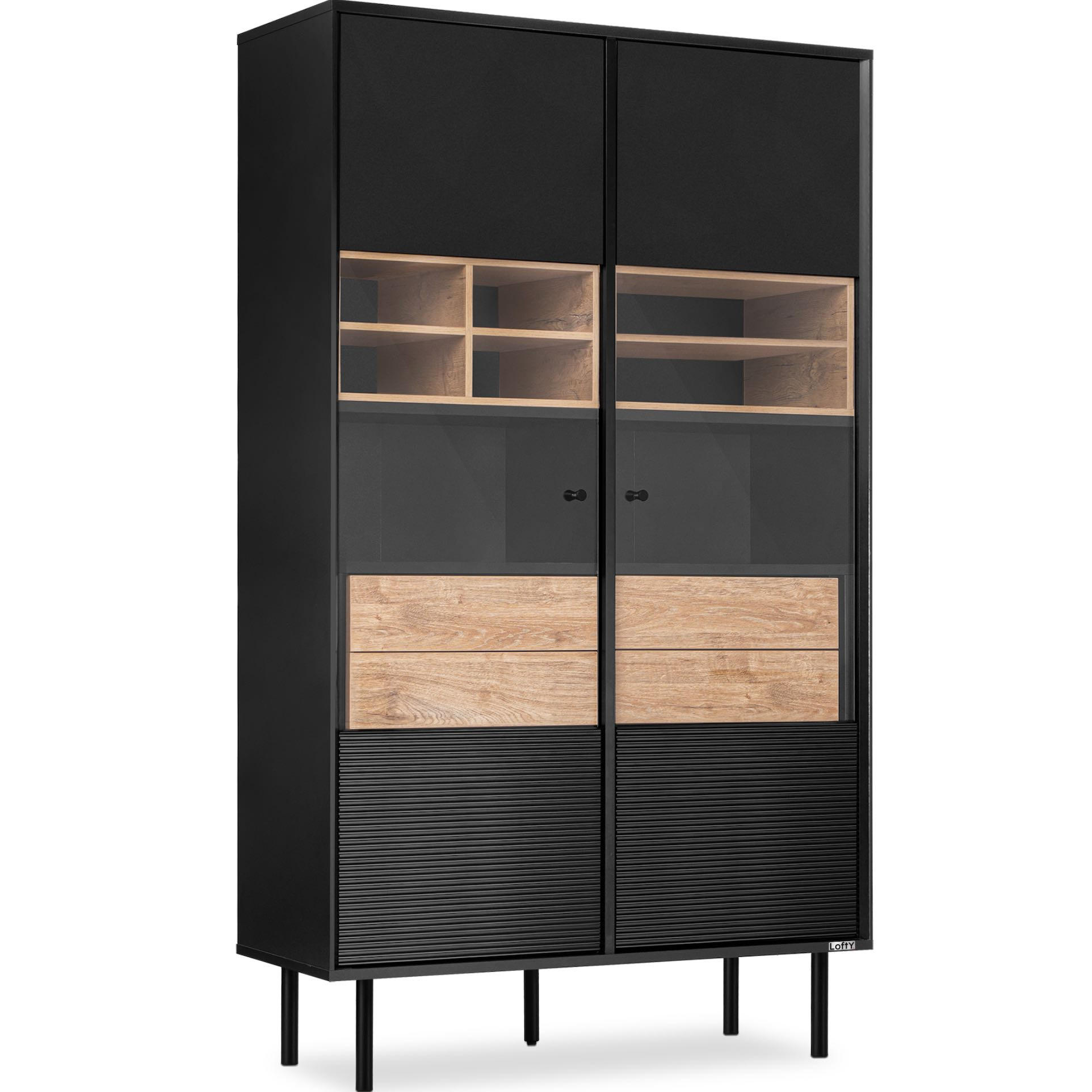 VITRINENSCHRÄNK LOFTY TV/Kreuzeinlage, schwarz / Eiche natur - Eichefarben/Multicolor, Holzwerkstoff (102/174/41cm) - KONSIMO®