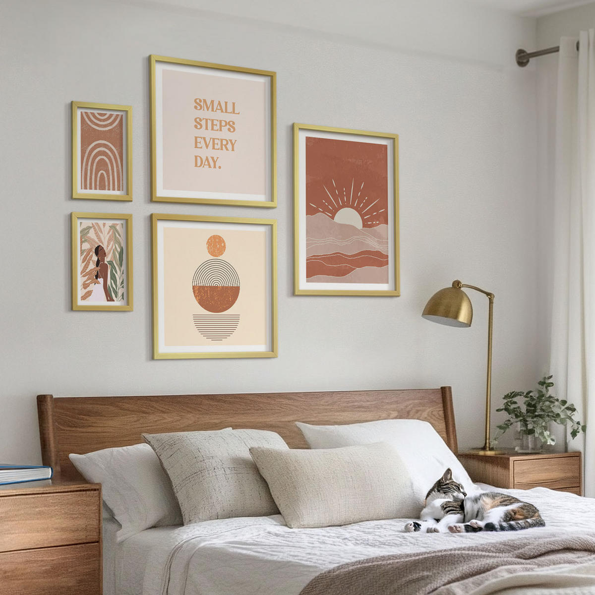 WANDBILDER 5er Set - 50x50 cm & 20x30 cm & 40x60 cm Goldrahmen - Ein entspannter Buddha am Strand - Goldfarben, Kunststoff (40/60cm) - ArtPrintCave