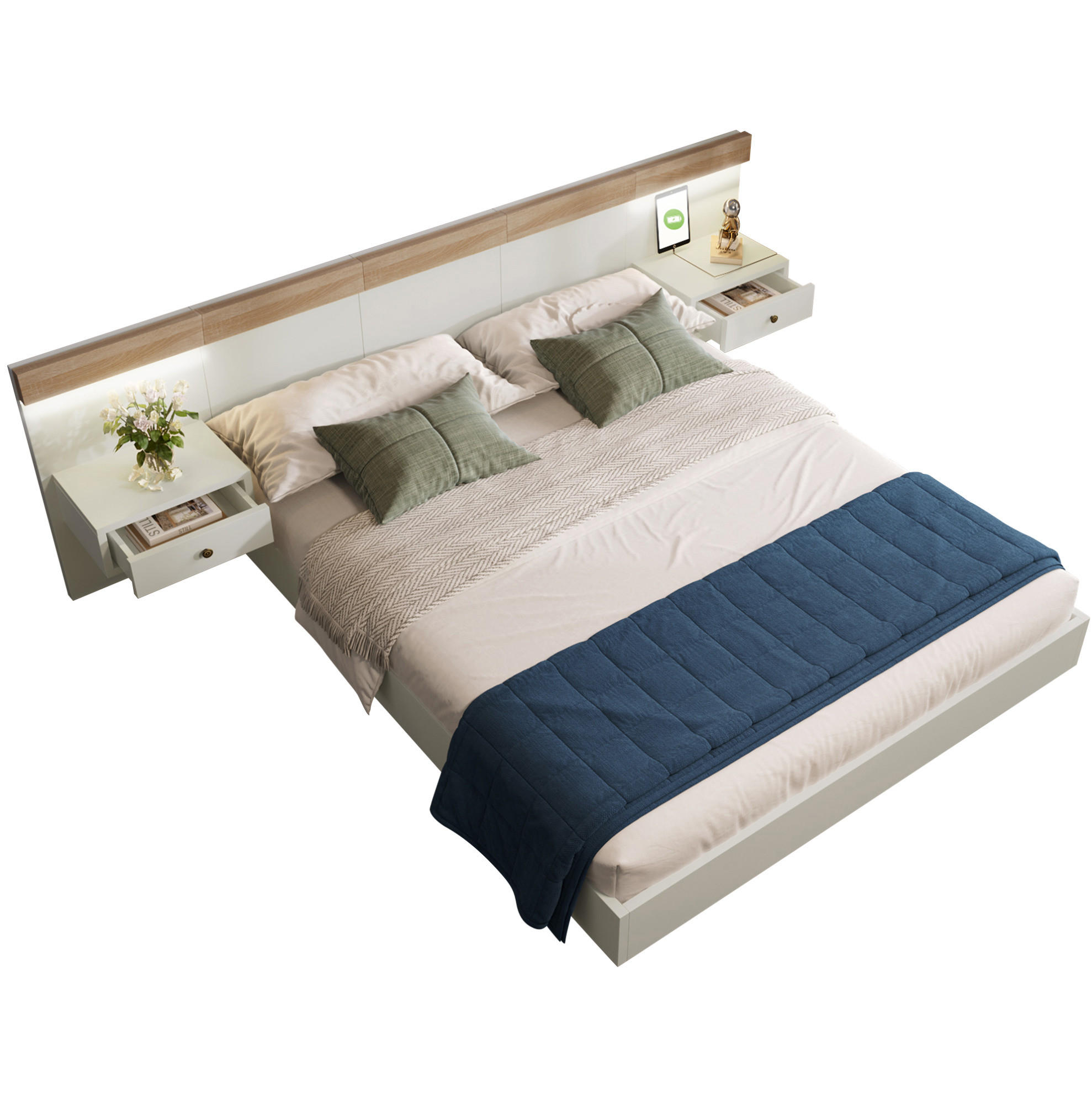 ČALÚNENÁ posteľ 180/200 cm z dreveného dekoru dub sonoma/biela s LED nočnými stolíkmi a USB-C - biela, kompozitné drevo (180/200cm) - BEAOK