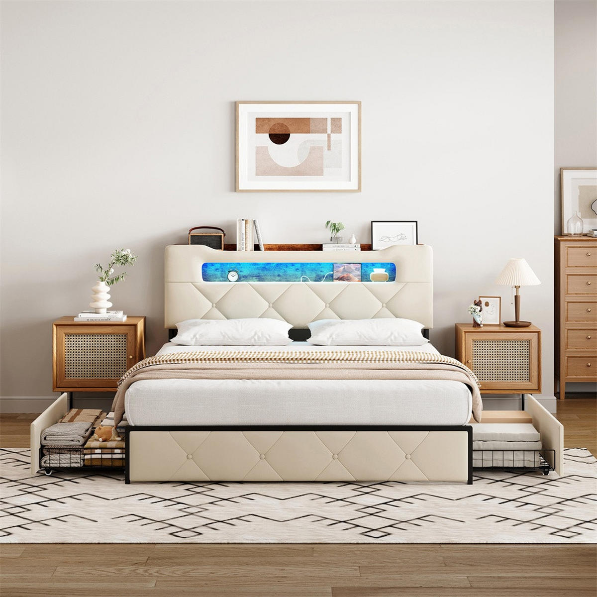 POLSTERBETT 140x200 cm - Doppelbett mit Stauraumkopfteil - 4 Schubladen und LED-Beleuchtung - ohne Matratze - Beige - Beige, Textil (140/200cm) - DELFA
