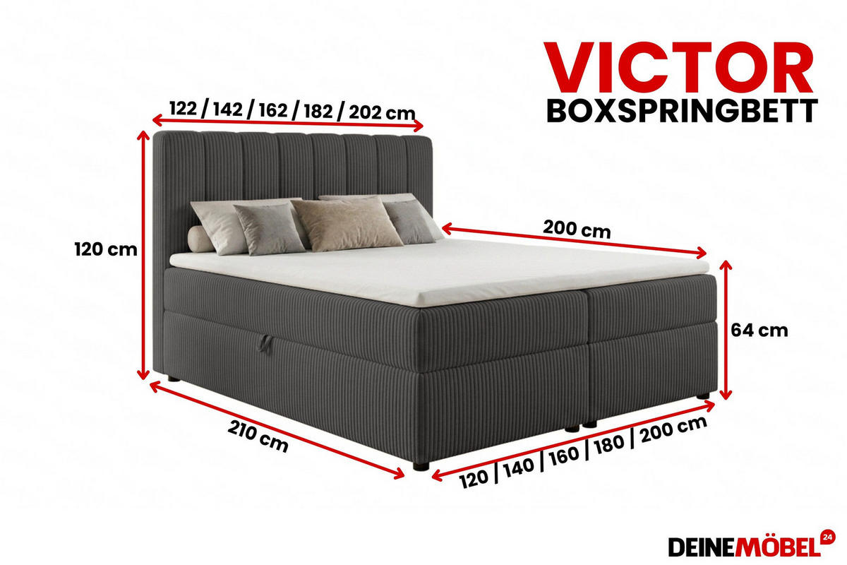 BOXBETT VICTOR 160/200 in Cord Anthrazit H3 - Anthrazit, Holz/Holzwerkstoff (160/200cm) - Deine Möbel 24