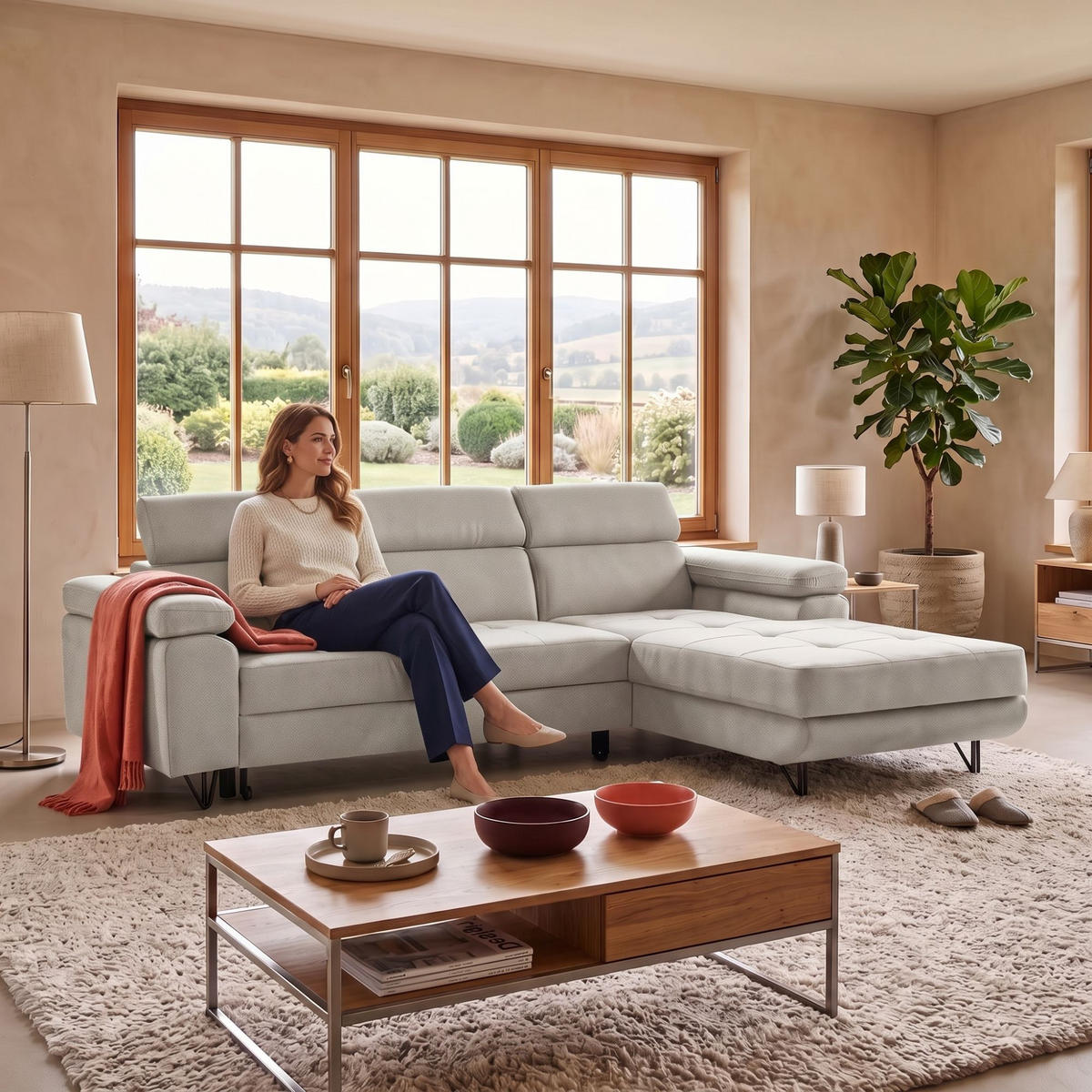 ECKSOFA NORIS L Rechts mit Schlaffunktion 128x203 Velours Beige - Beige/Schwarz, Holz/Textil (183/250cm) - Muffo