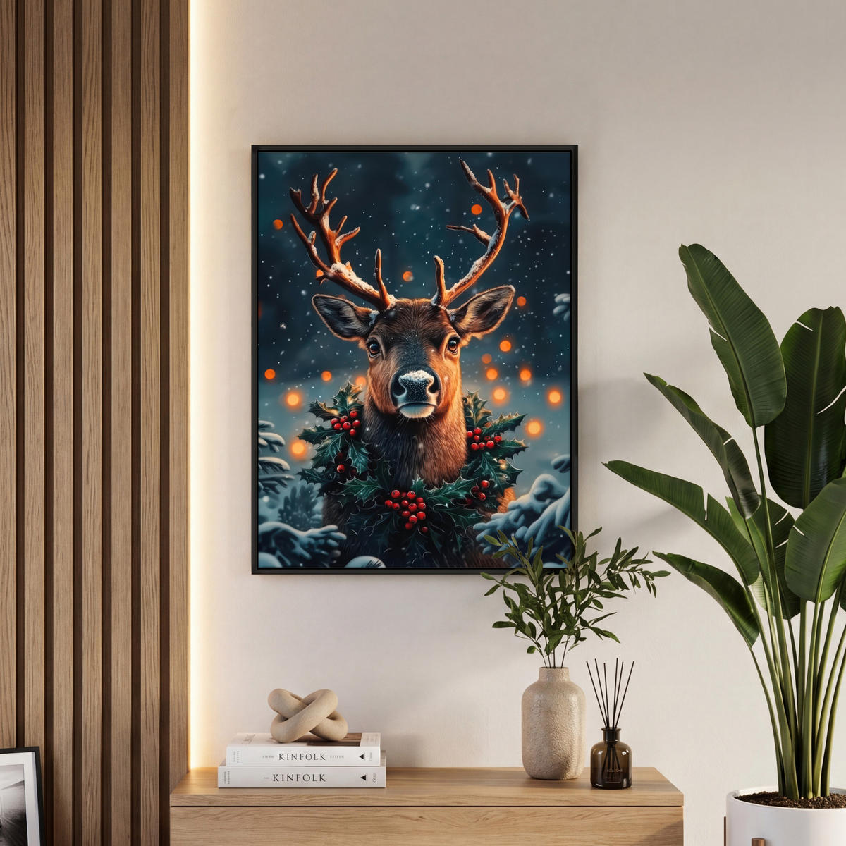 LEINWAND Bilder mit Rahmen - Hirsch - Weihnachten - Winter - Schnee - Weihnachtskranz - 50x70 - Dunkelbraun, Textil (50/70cm) - MuchoWow